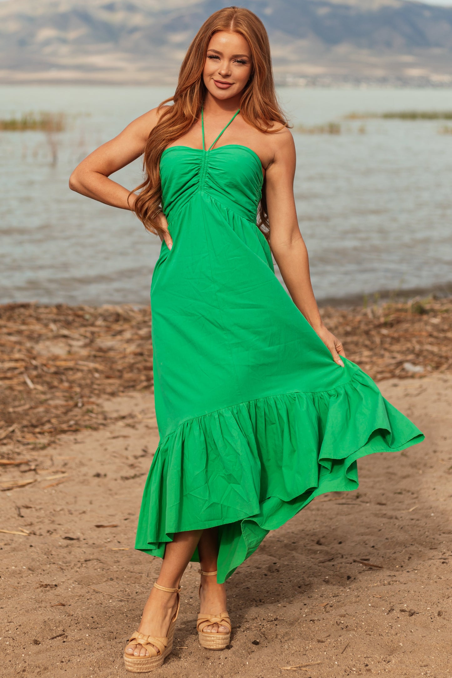 Kelly Green Halter Neck Cotton Babydoll Maxi Dress