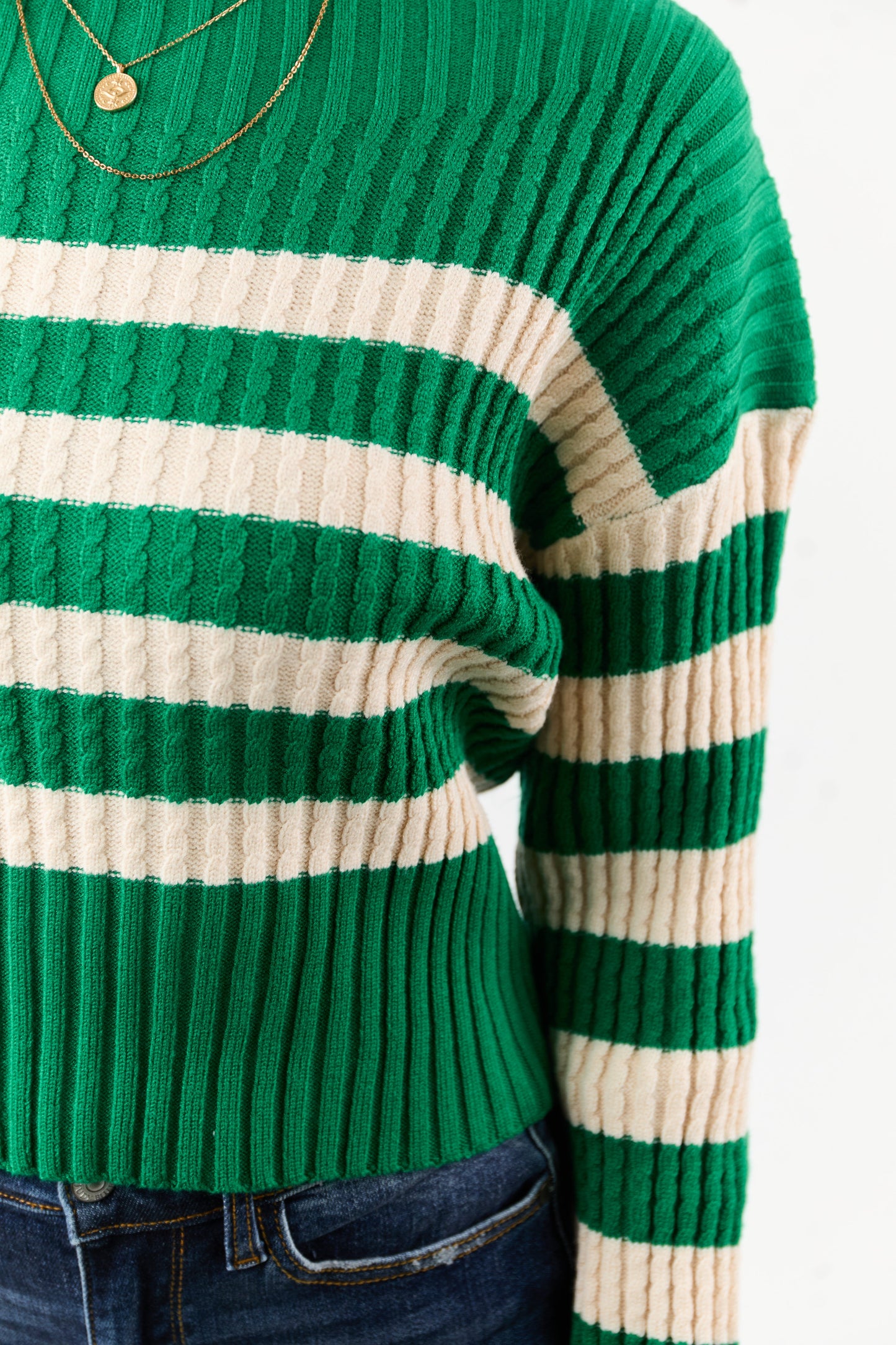 Kelly Green and Cream Stripe Boat Neck Sweater