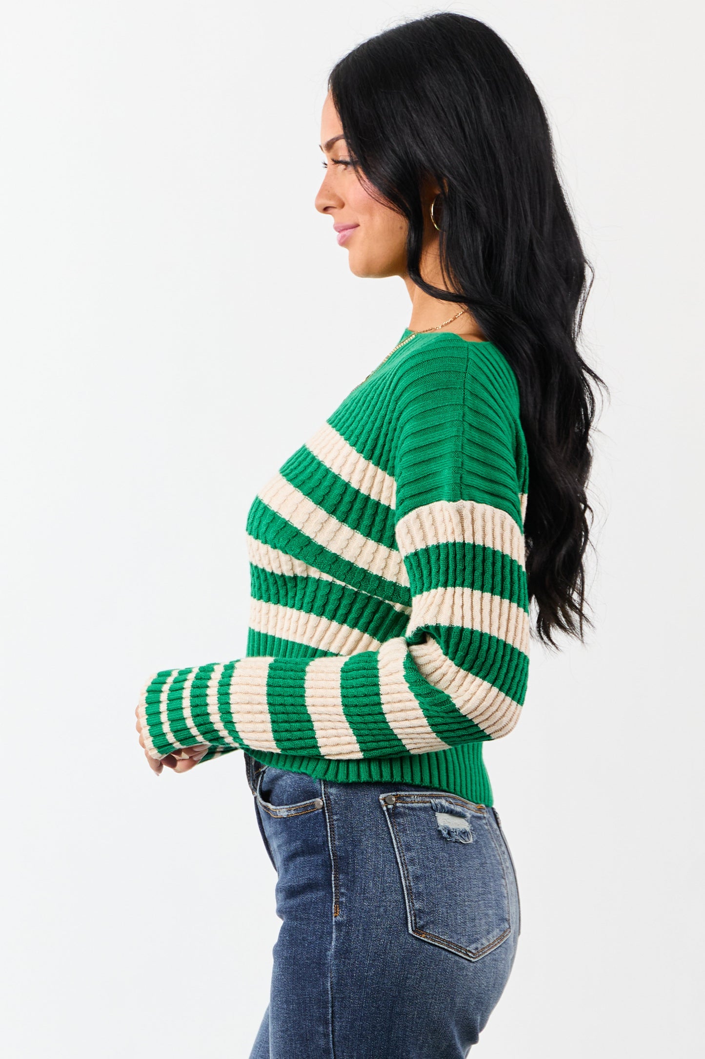 Kelly Green and Cream Stripe Boat Neck Sweater