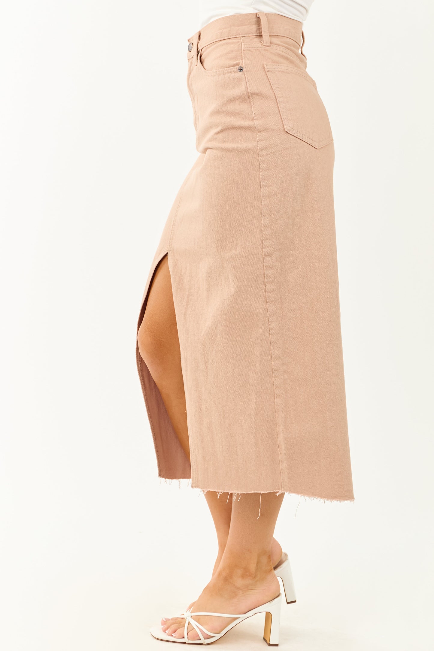 Latte Front Slit Raw Hem Denim Midi Skirt