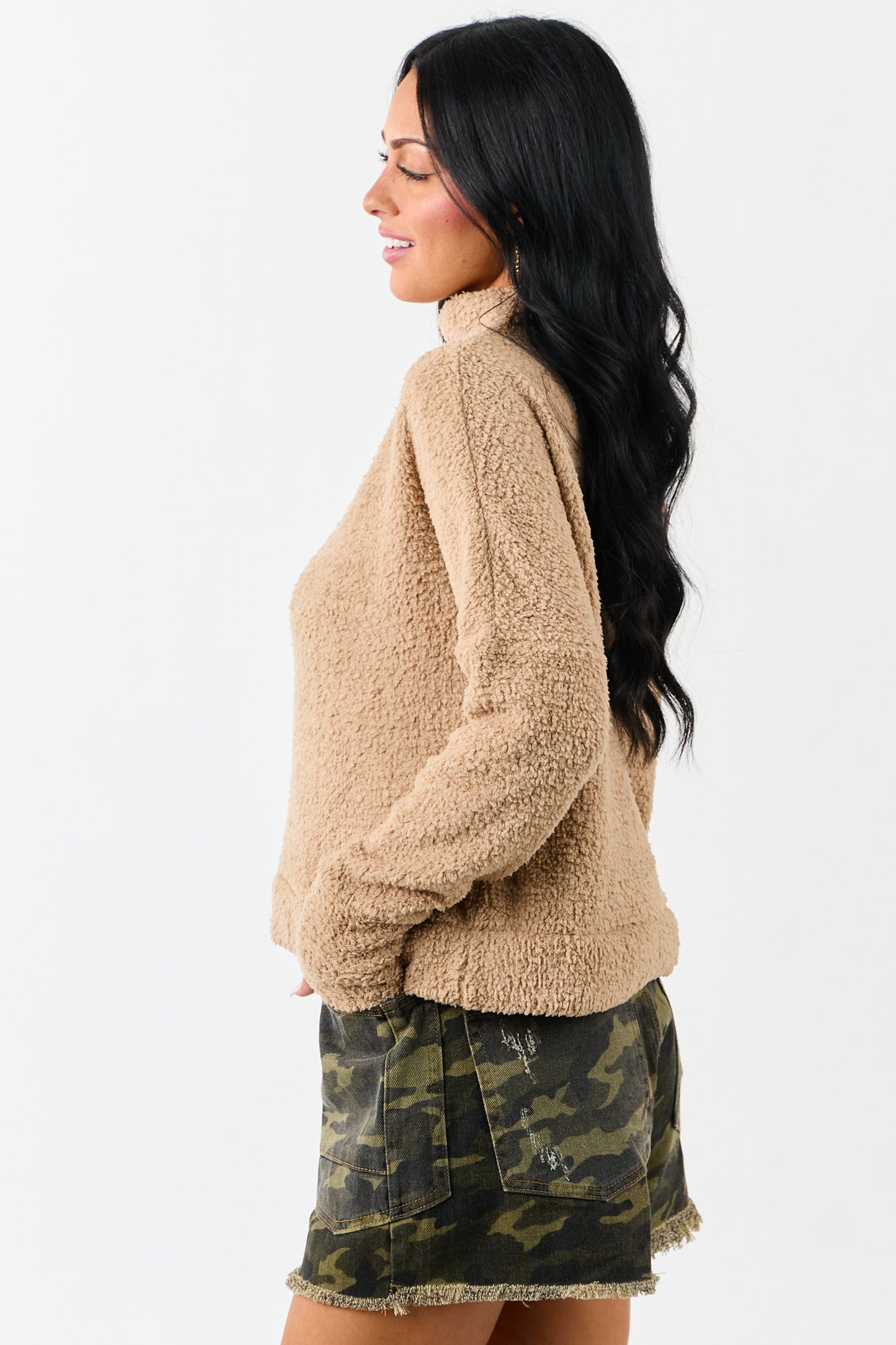 Latte Fuzzy Soft Knit Mock Neck Sweater