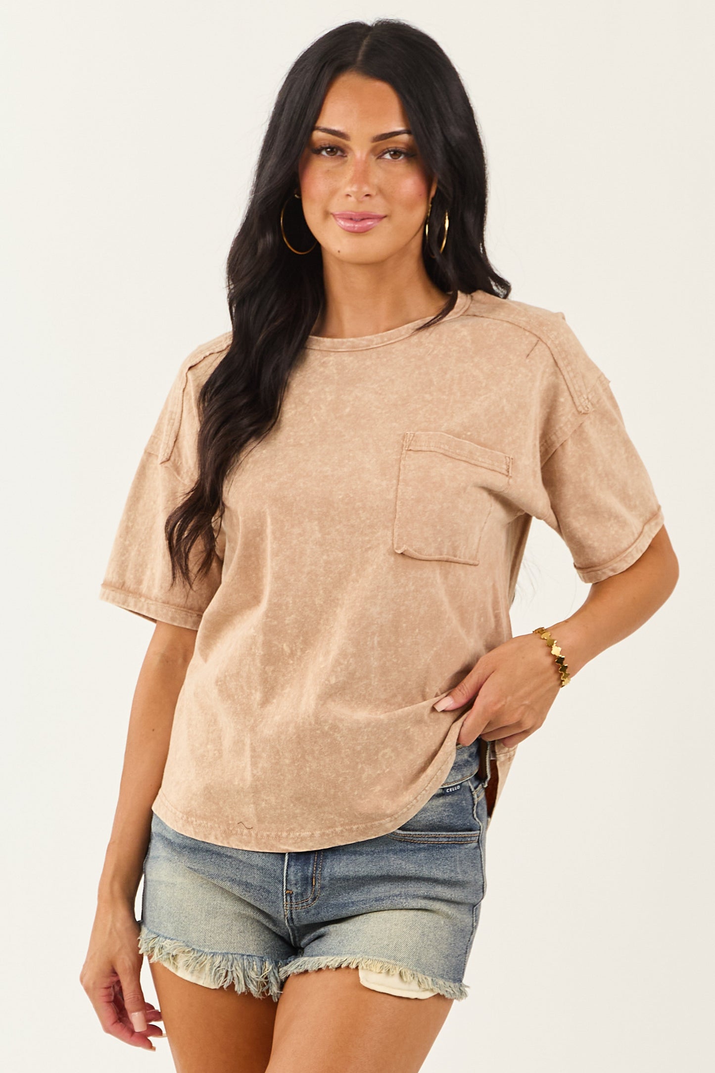 Latte Mineral Washed Cotton Short Sleeve Top