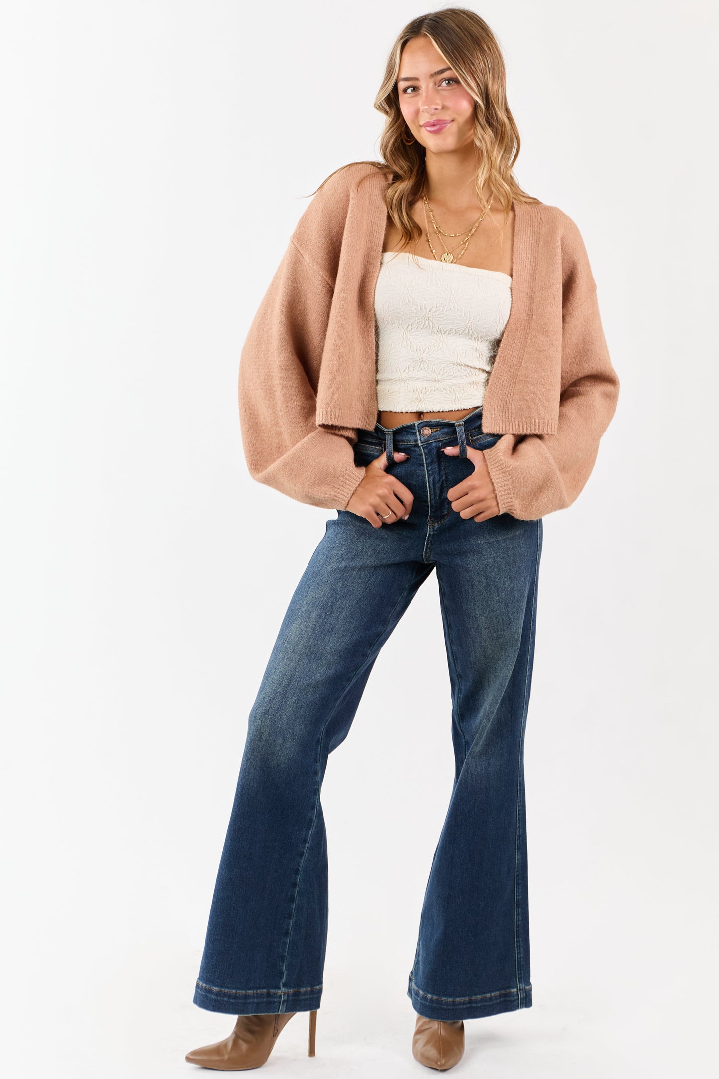 Latte Open Front Rib Knit Sweater Cardigan