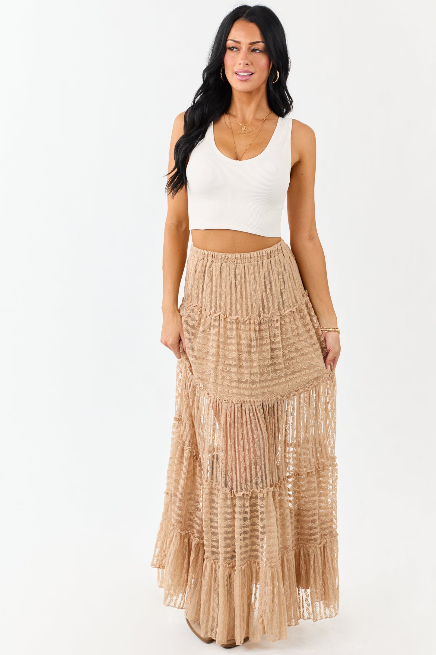 Latte Tiered Frill Lace Flowy Maxi Skirt