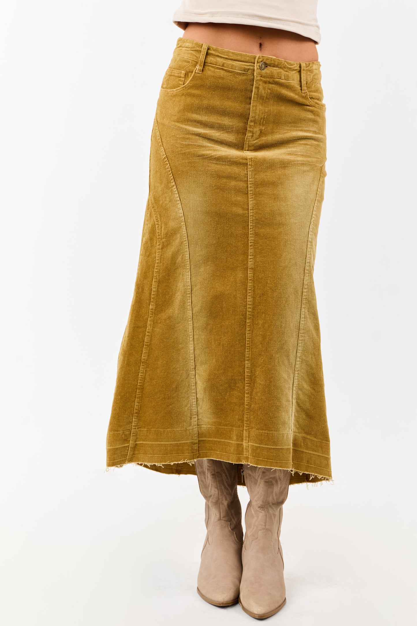 Light Copper Washed Corduroy High Low Midi Skirt