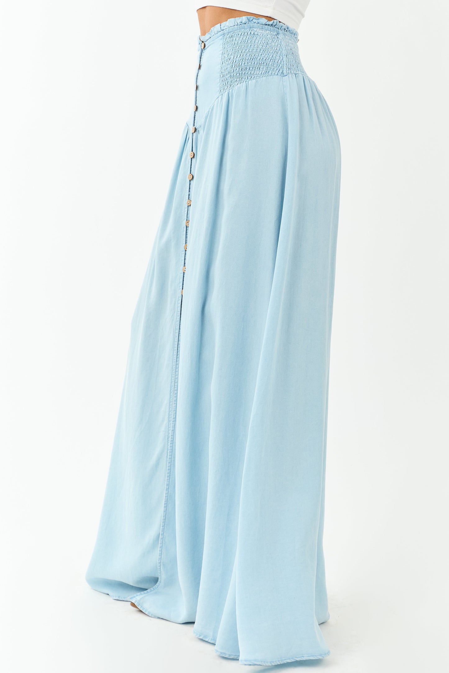Light Wash Chambray Denim Front Slit Maxi Skirt