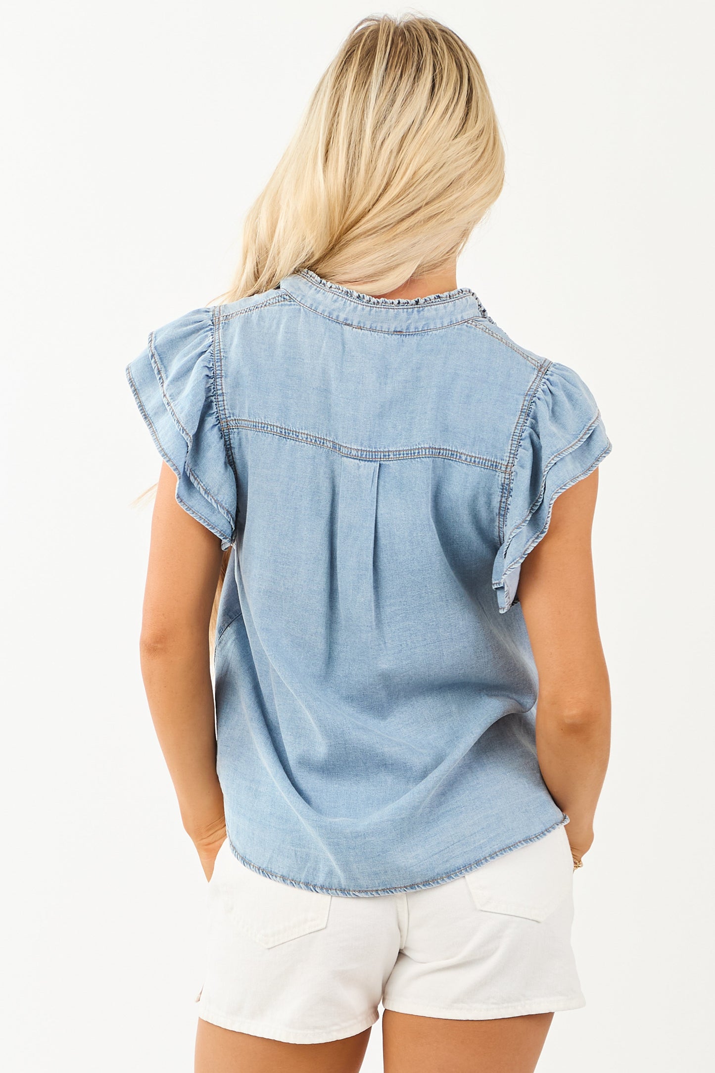 Light Wash Chambray Denim Ruffle Sleeve Top