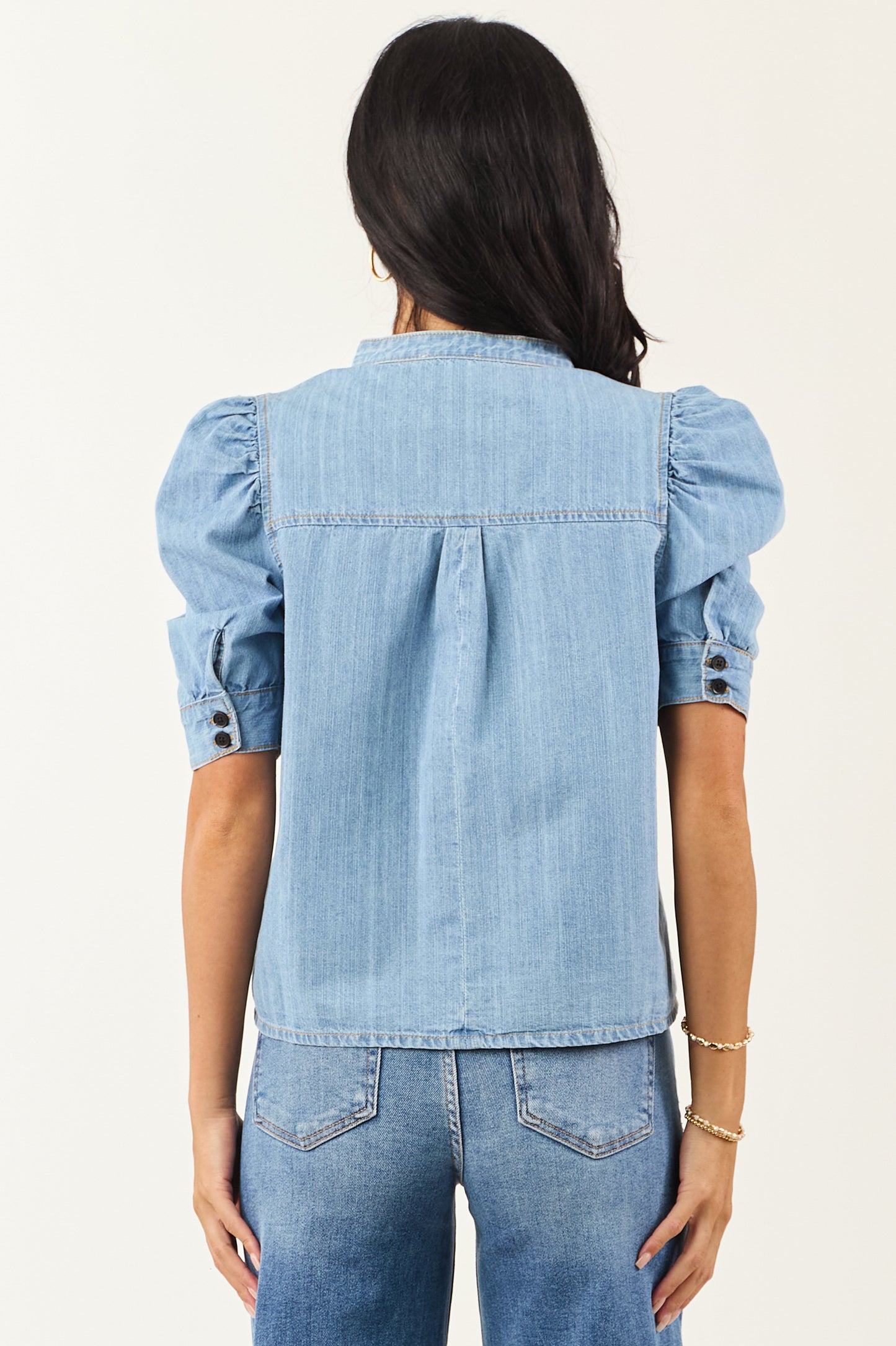 Light Wash Denim Button Down Ruched Sleeve Top