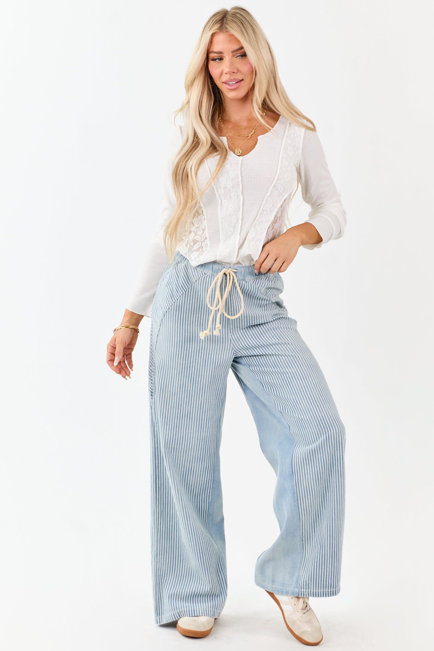 Light Wash Railroad Stripe Wide Leg Denim Pants