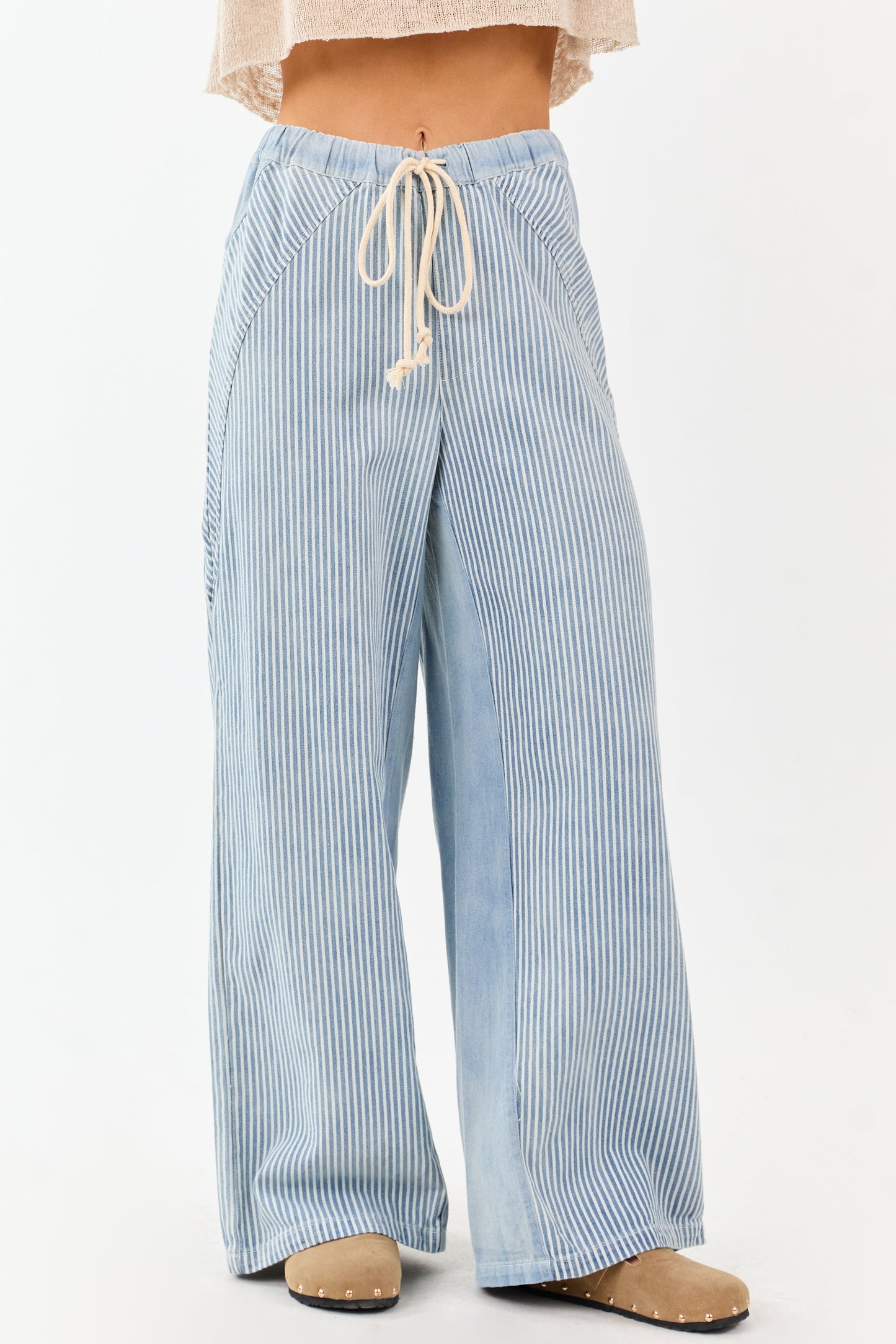 Light Wash Railroad Stripe Wide Leg Denim Pants