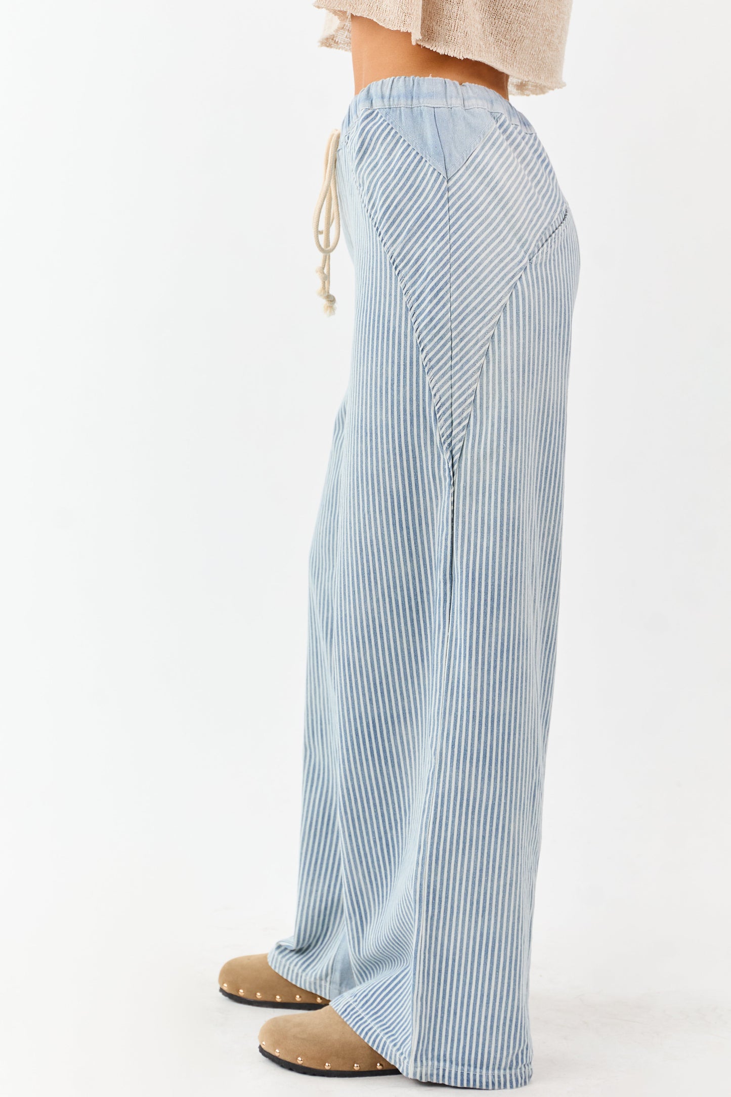 Light Wash Railroad Stripe Wide Leg Denim Pants