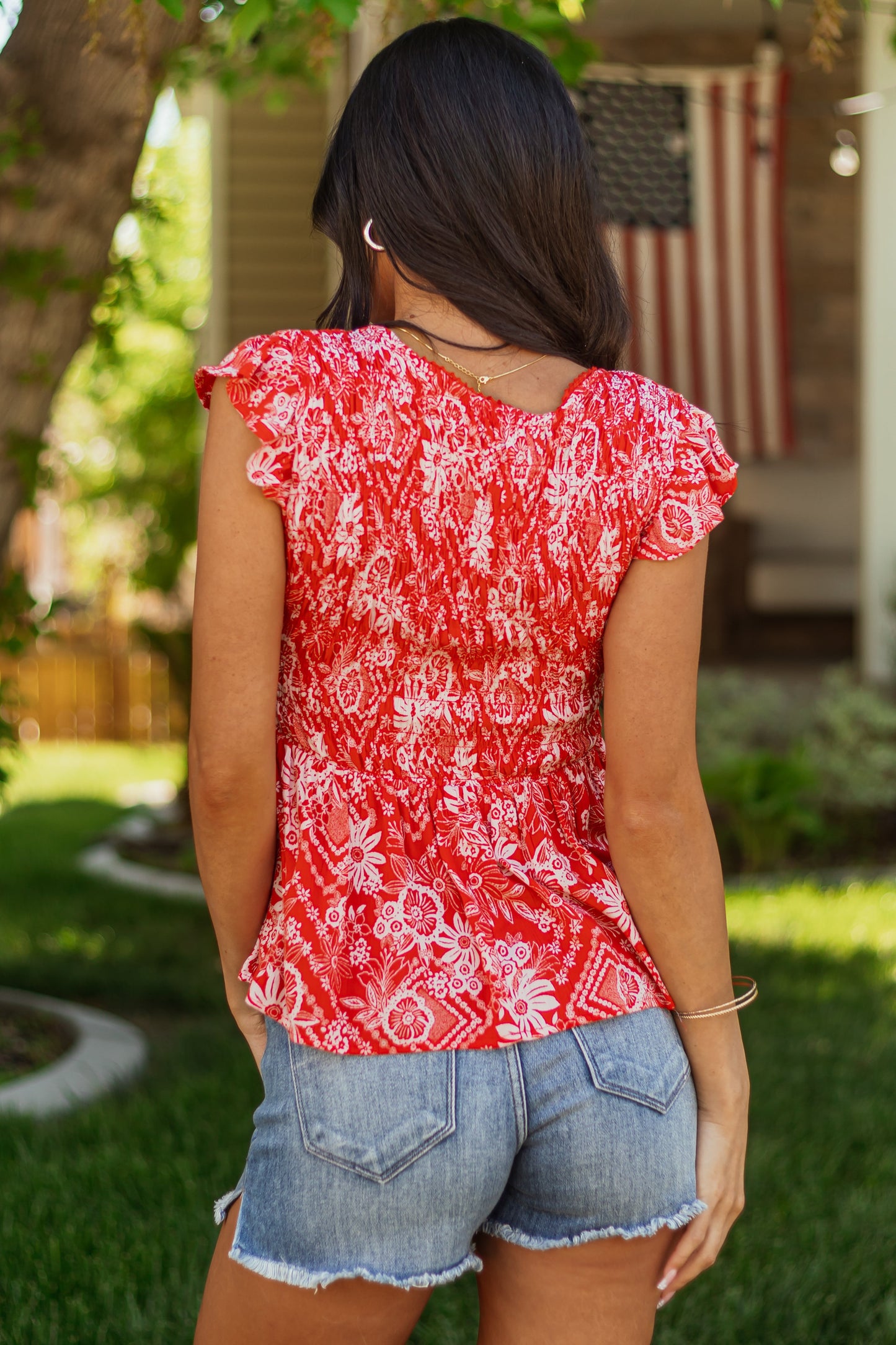 Lipstick Floral Print Smocked Short Sleeve Top