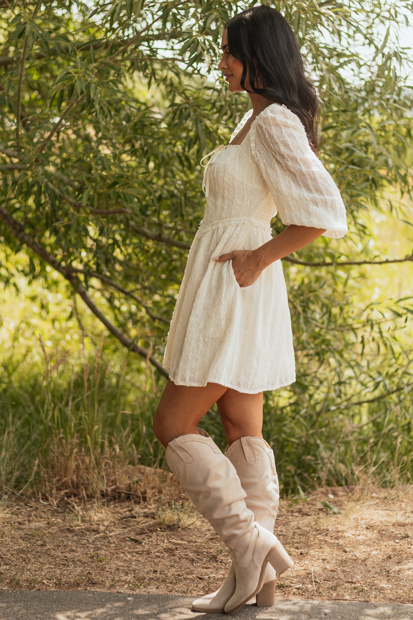 Listicle Cream Lace Smocked Back Mini Dress