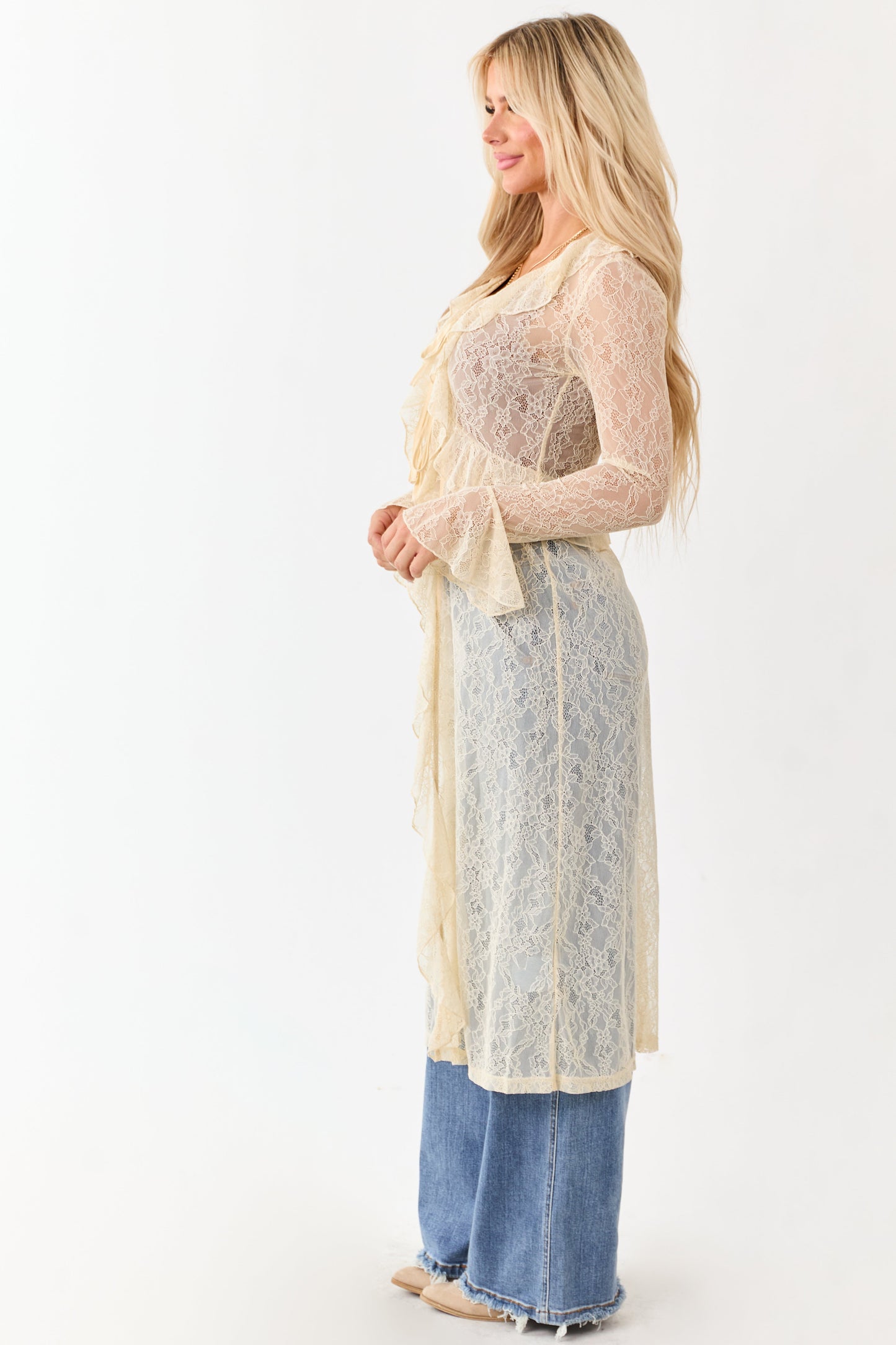 Listicle Cream Sheer Lace Ruffle Duster Cardigan