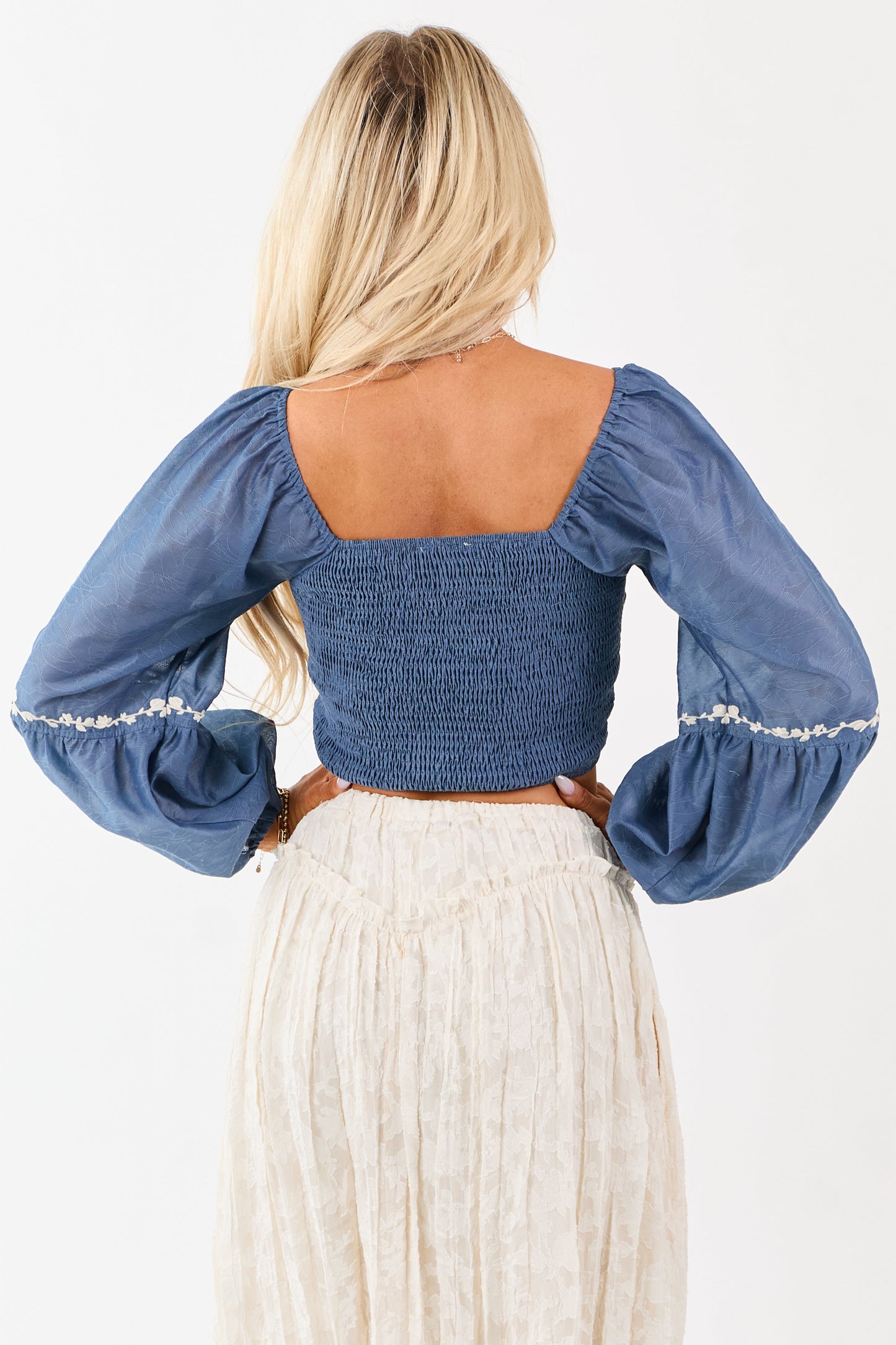 Listicle Steel Blue Embroidered Lace Up Top
