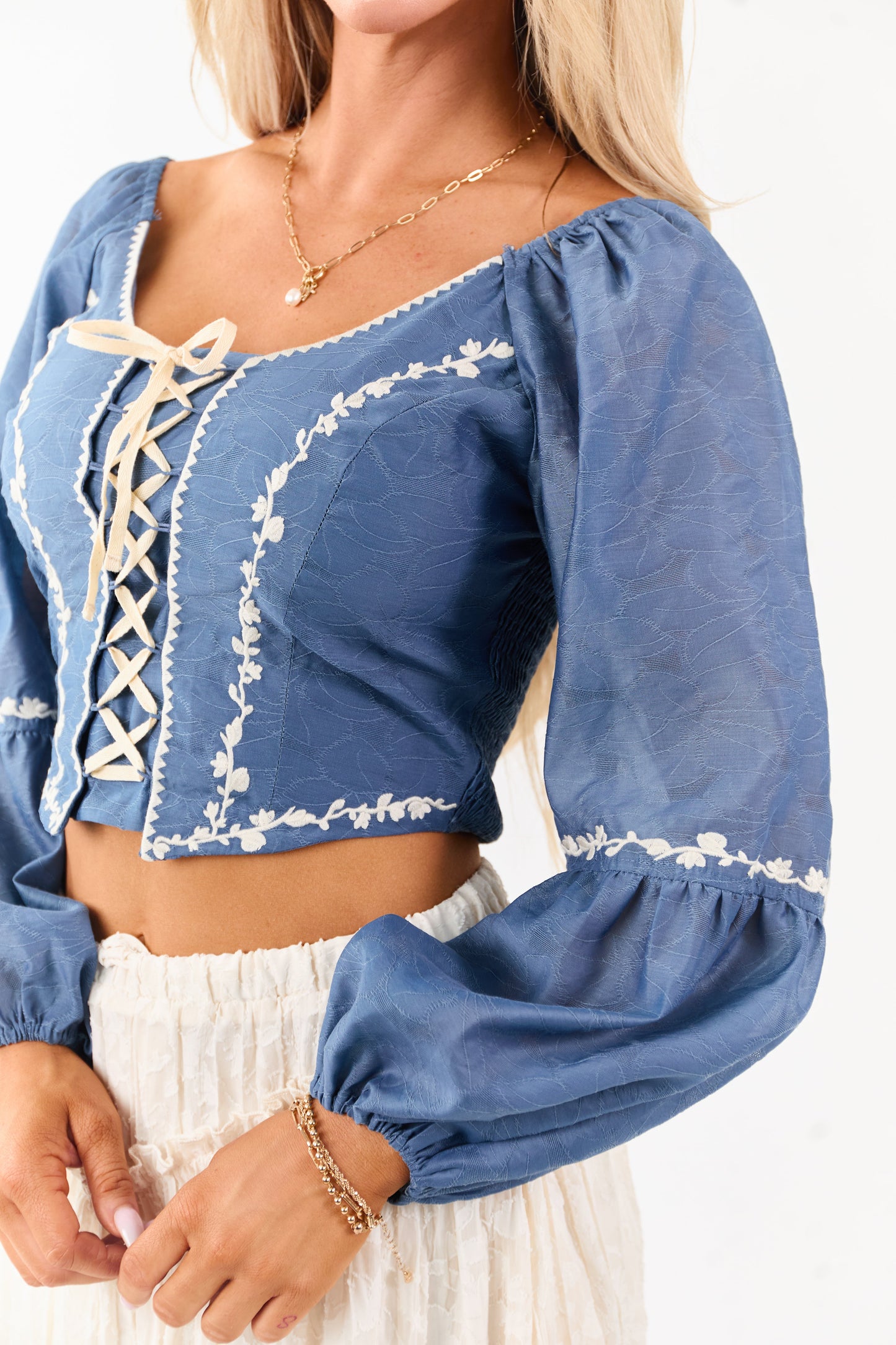 Listicle Steel Blue Embroidered Lace Up Top