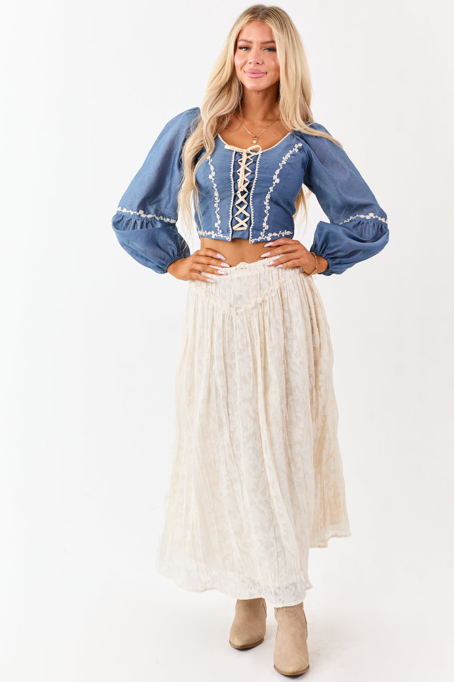 Listicle Steel Blue Embroidered Lace Up Top