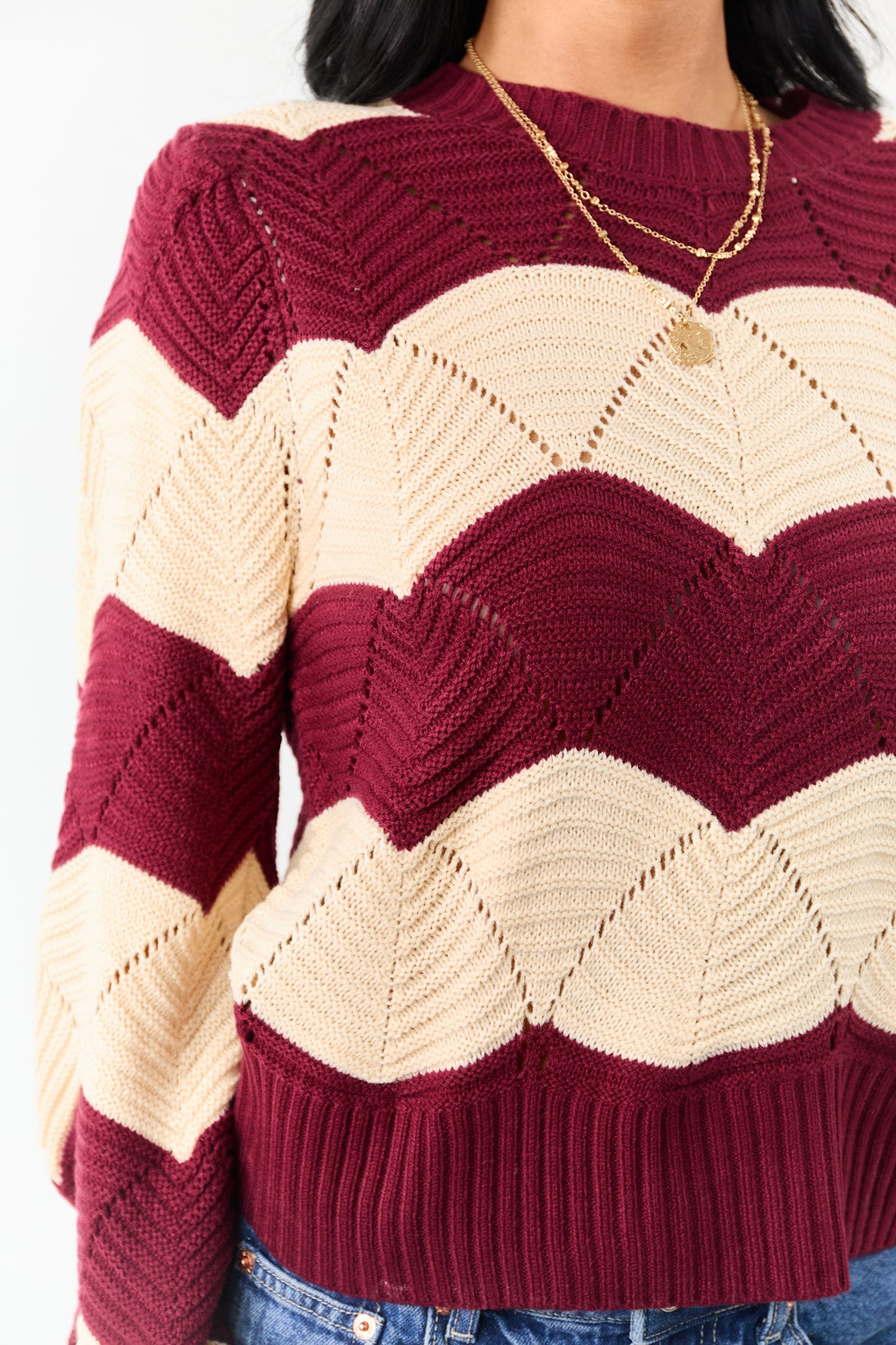 Listicle Wine Wavy Striped Open Knit Sweater