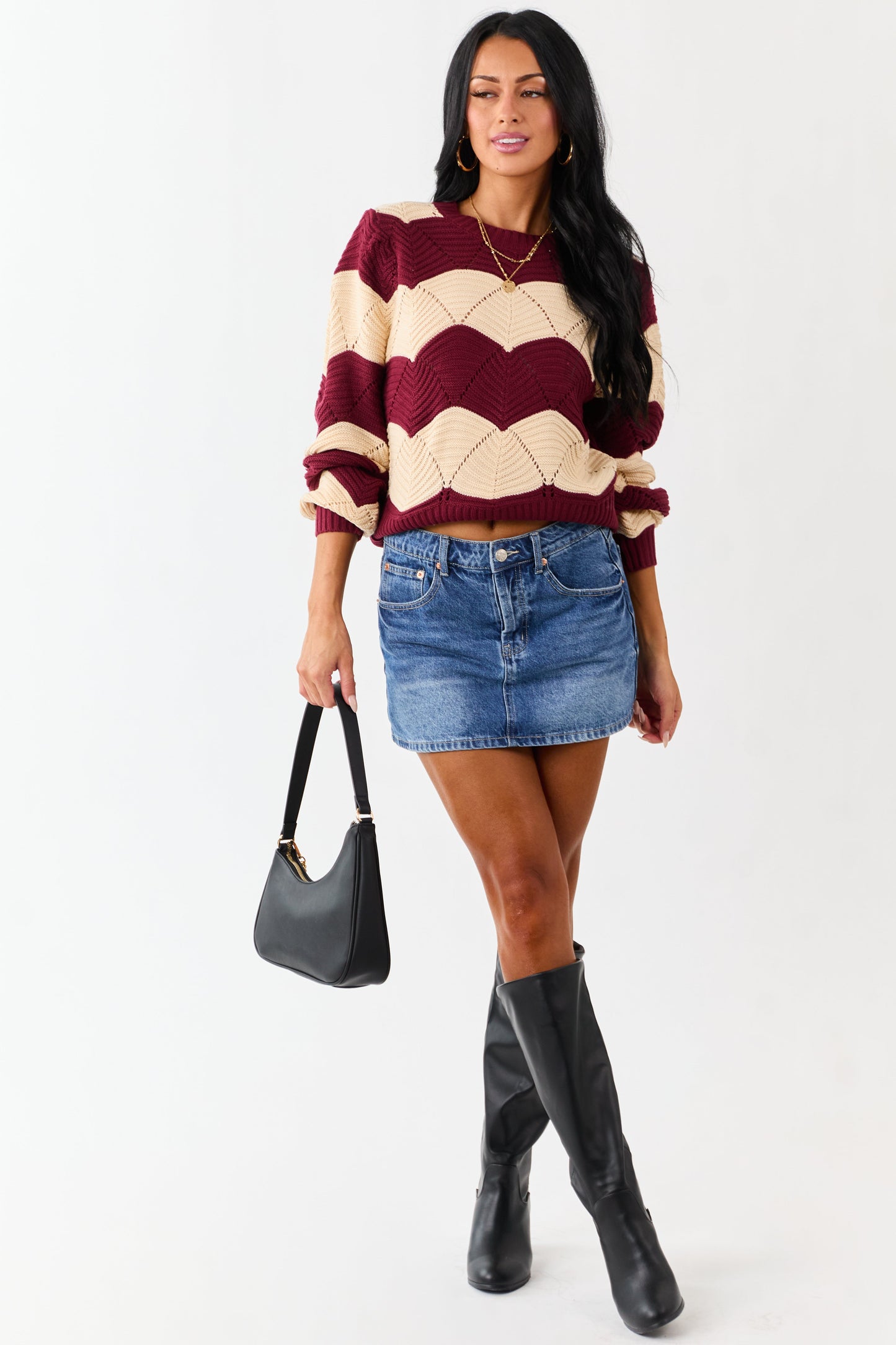 Listicle Wine Wavy Striped Open Knit Sweater