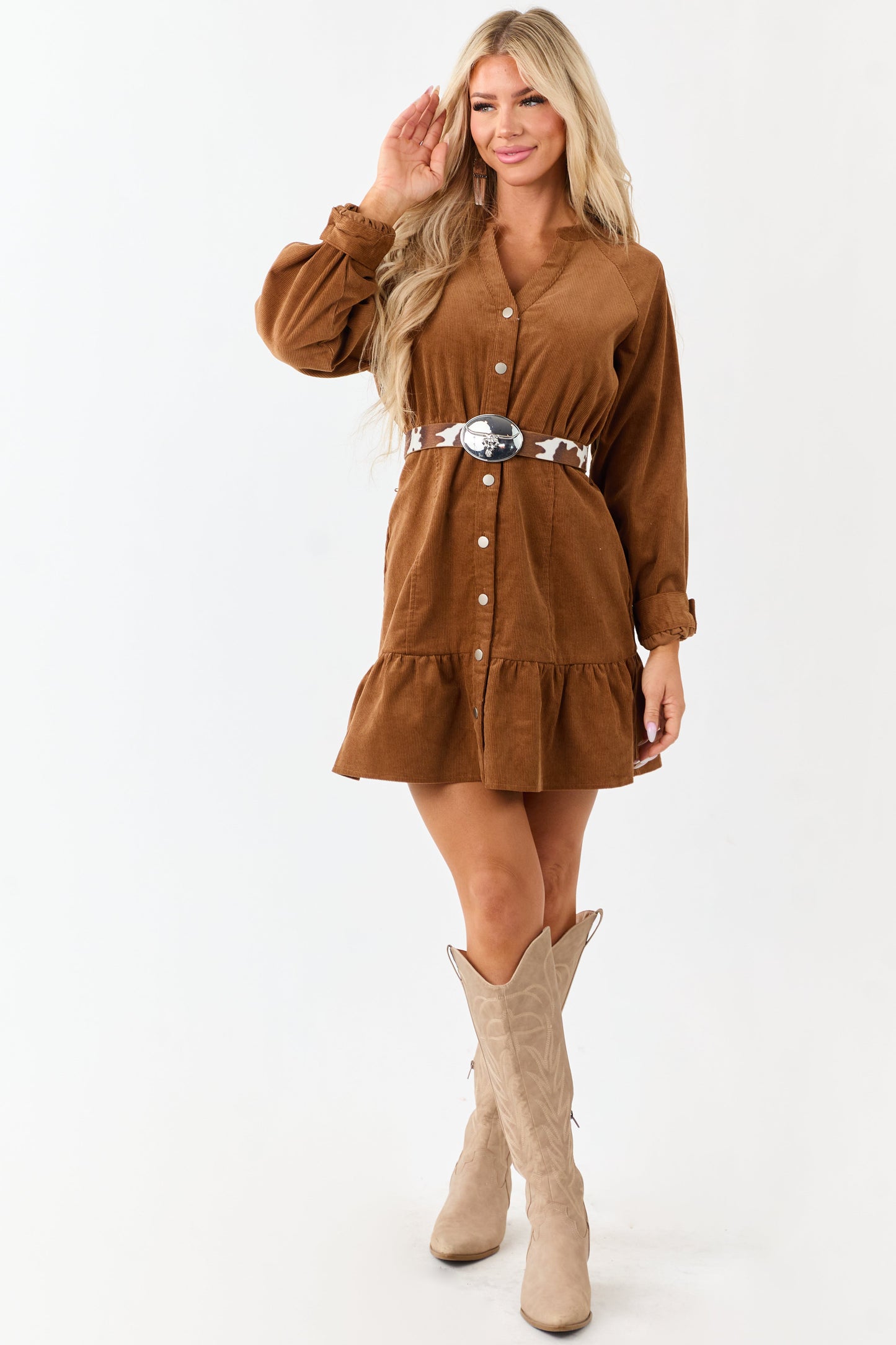 Lovelo Brown Sugar Long Sleeve Corduroy Short Dress