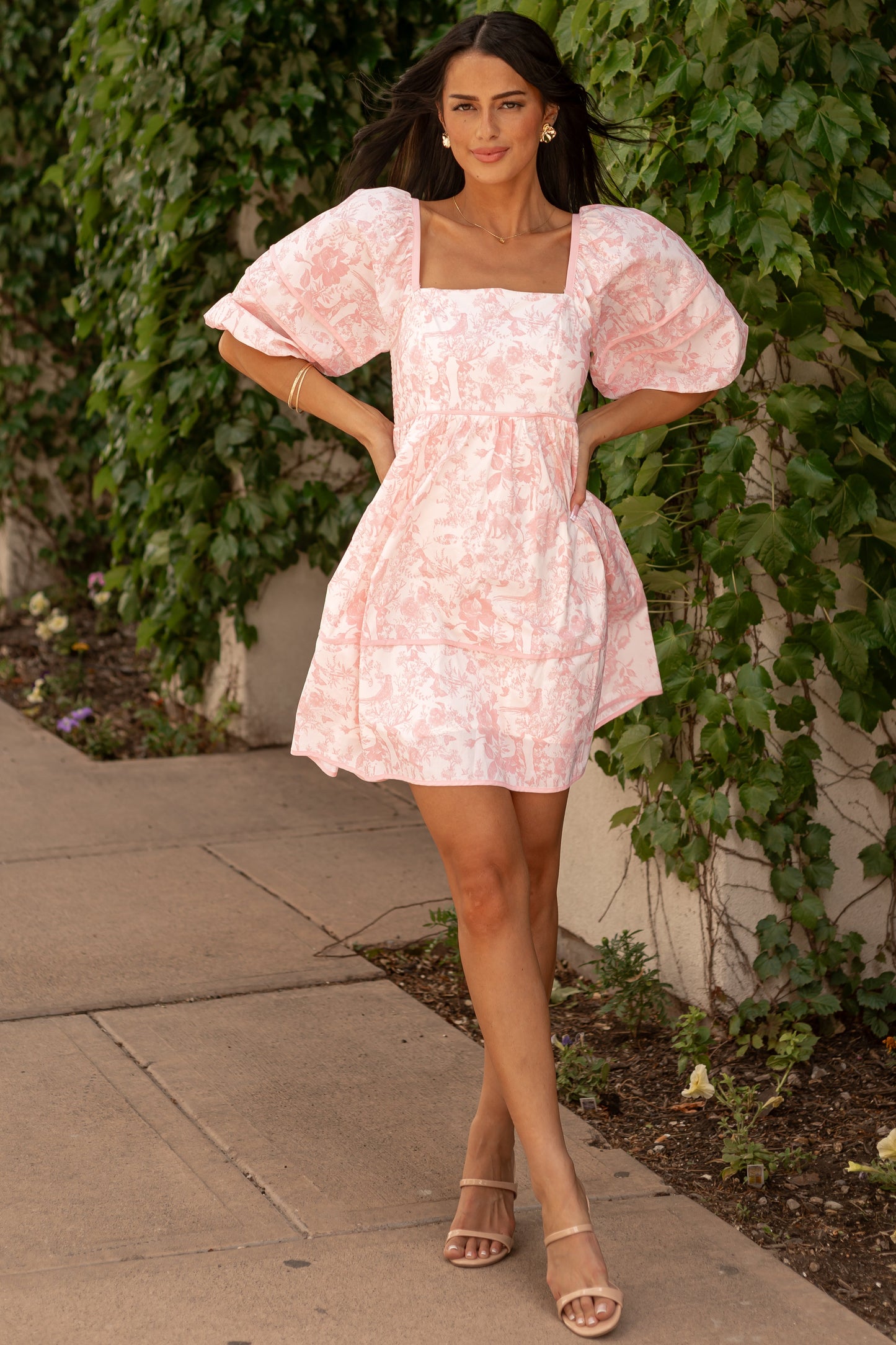 Lovelo Carnation French Toile Puff Sleeve Mini Dress