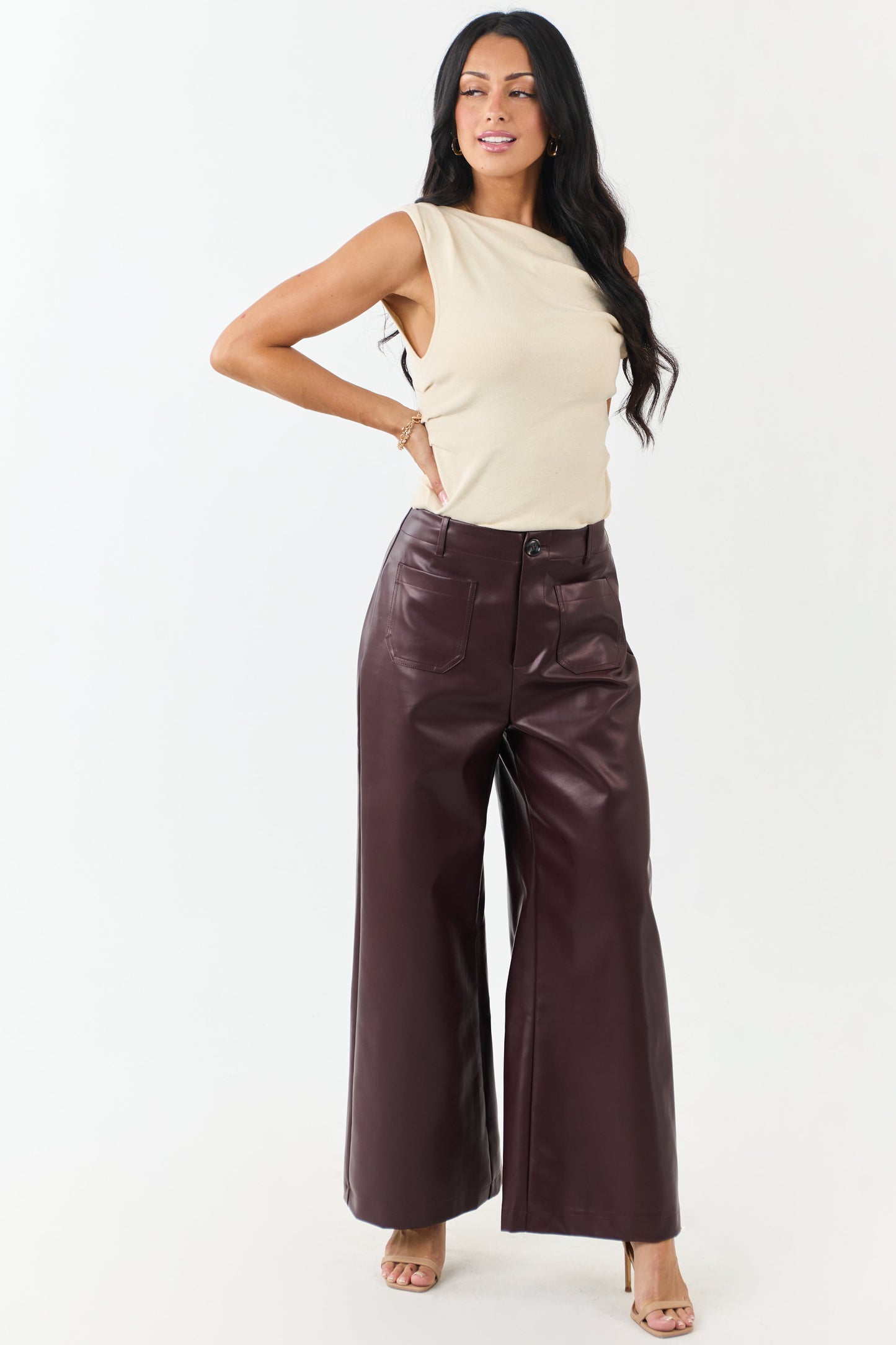 Lovelo Chocolate Faux Leather Wide Leg Pants