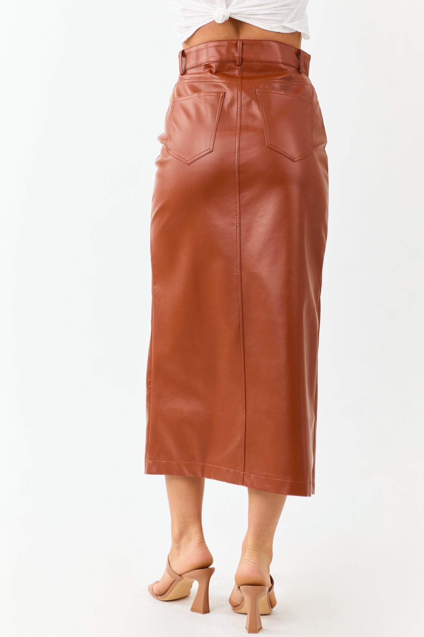 Lovelo Cinnamon Faux Leather Front Slit Midi Skirt