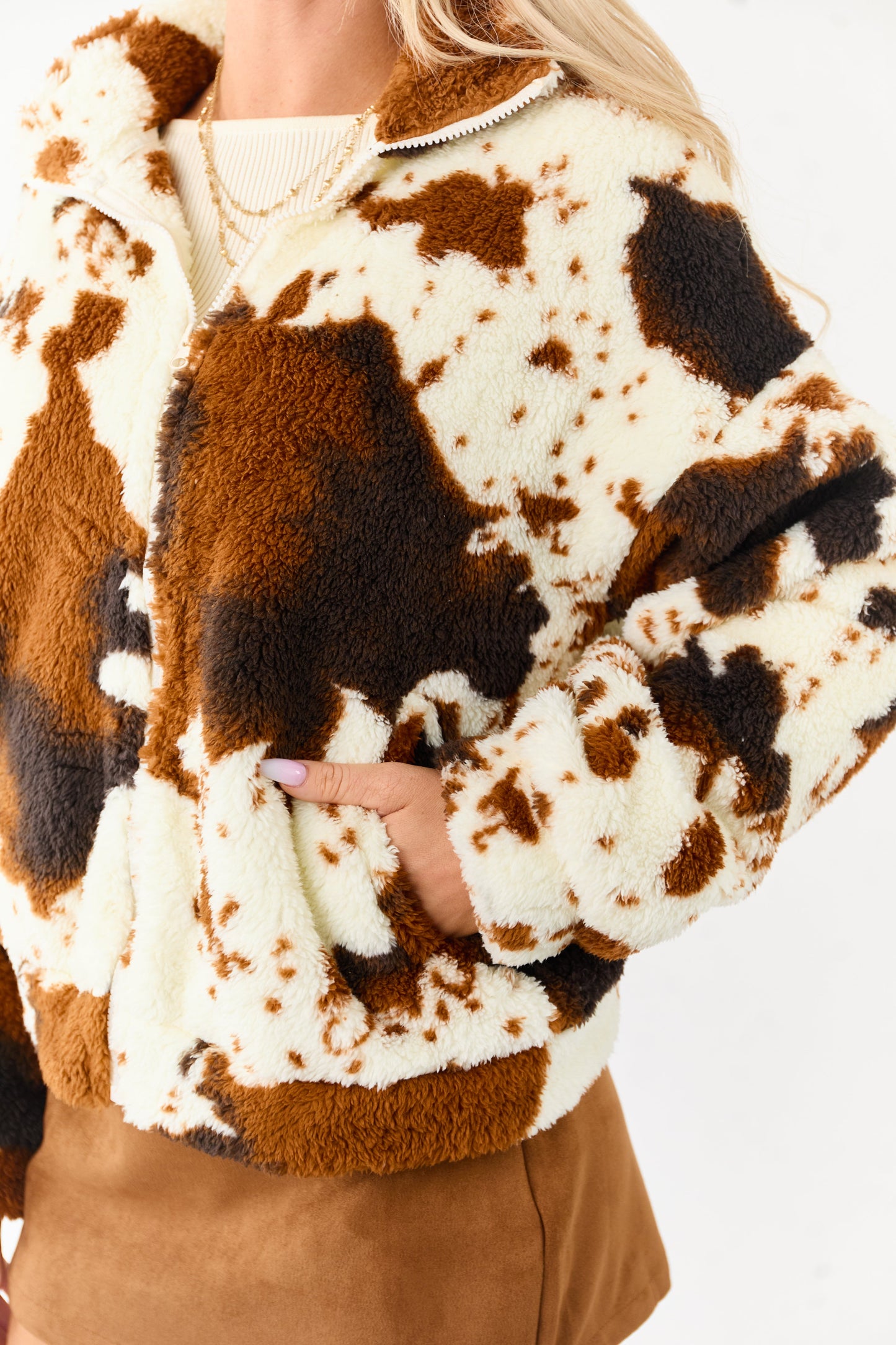 Lovelo Cream Cow Print Sherpa Zip Up Jacket