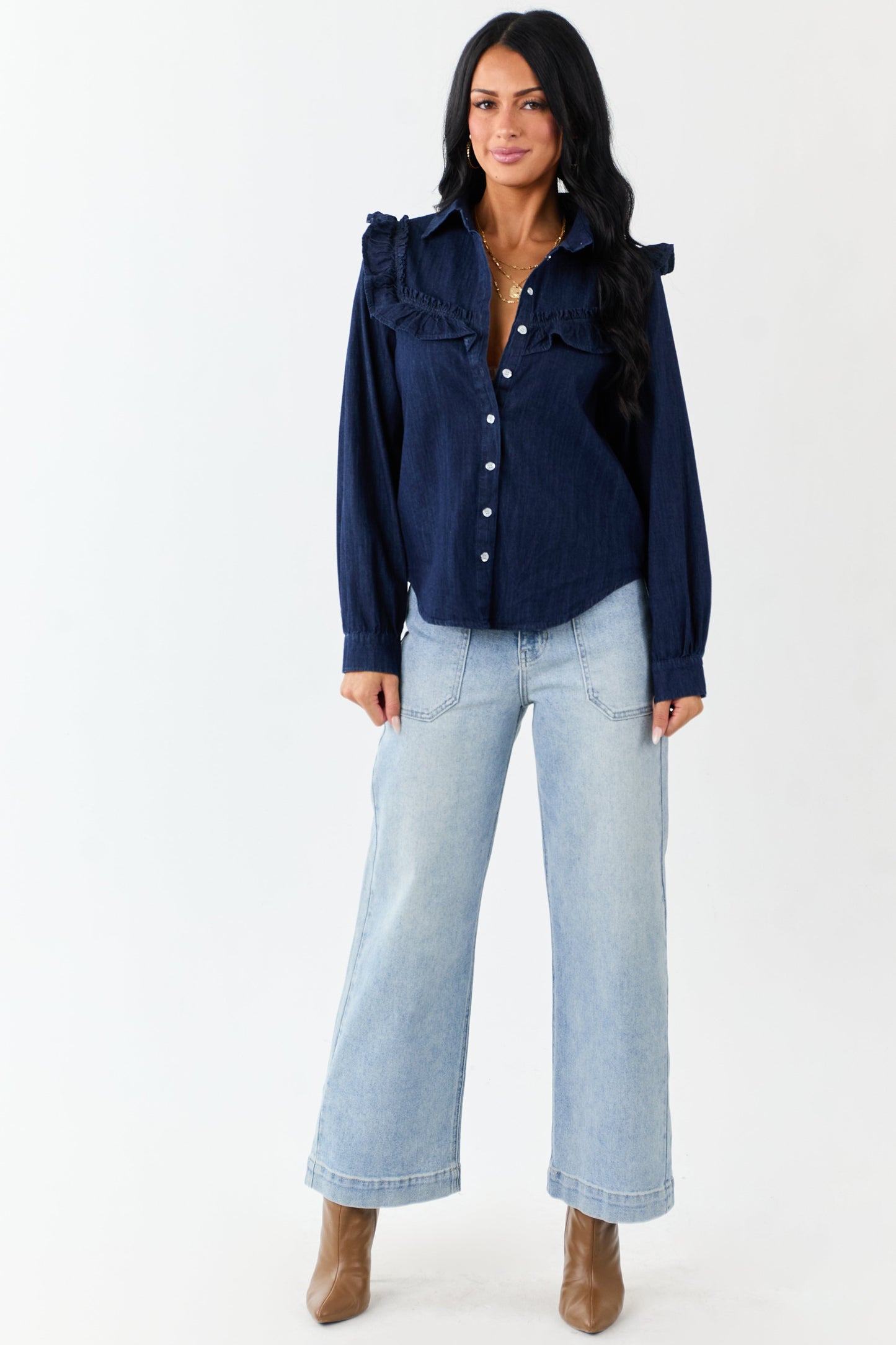Lovelo Dark Denim Button Up Ruffled Long Sleeve Top