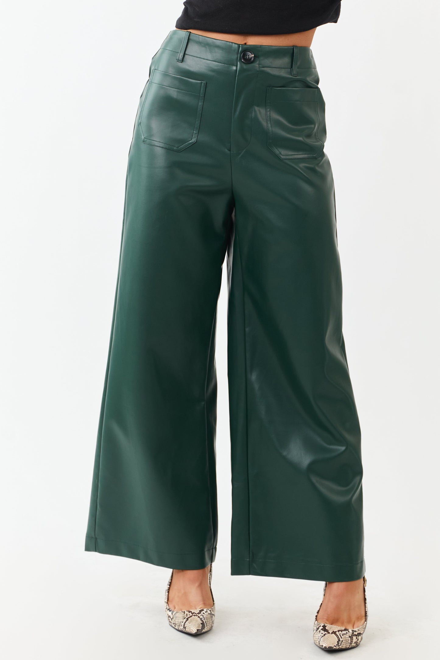 Lovelo Forest Green Faux Leather Wide Leg Pants