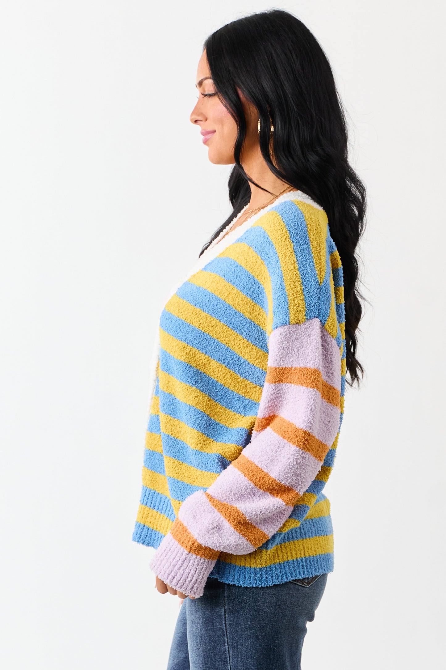 Lovelo Multicolor Striped Button Up Fuzzy Cardigan