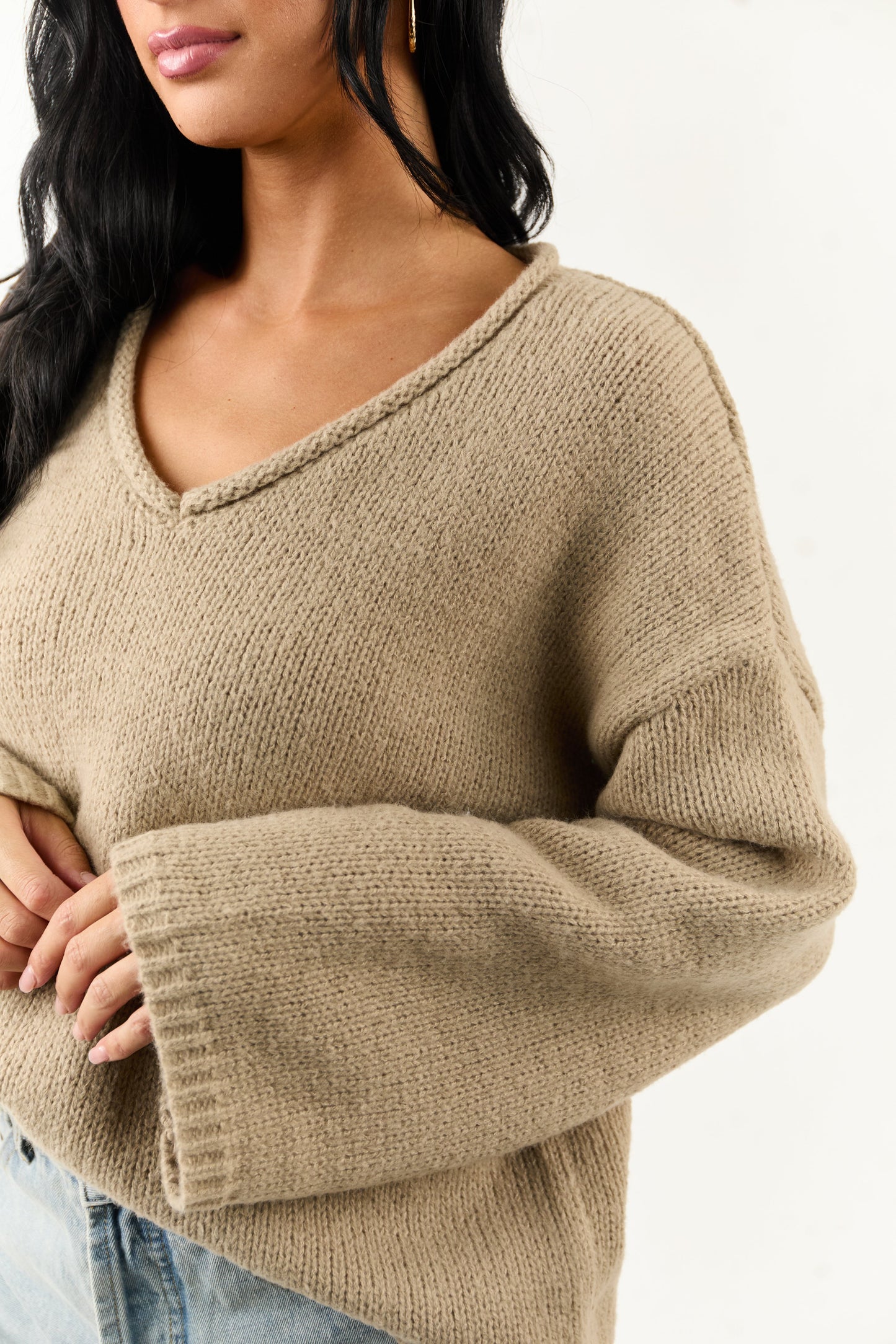 Lovelo Oatmeal V Neck Long Sleeve Chunky Knit Sweater
