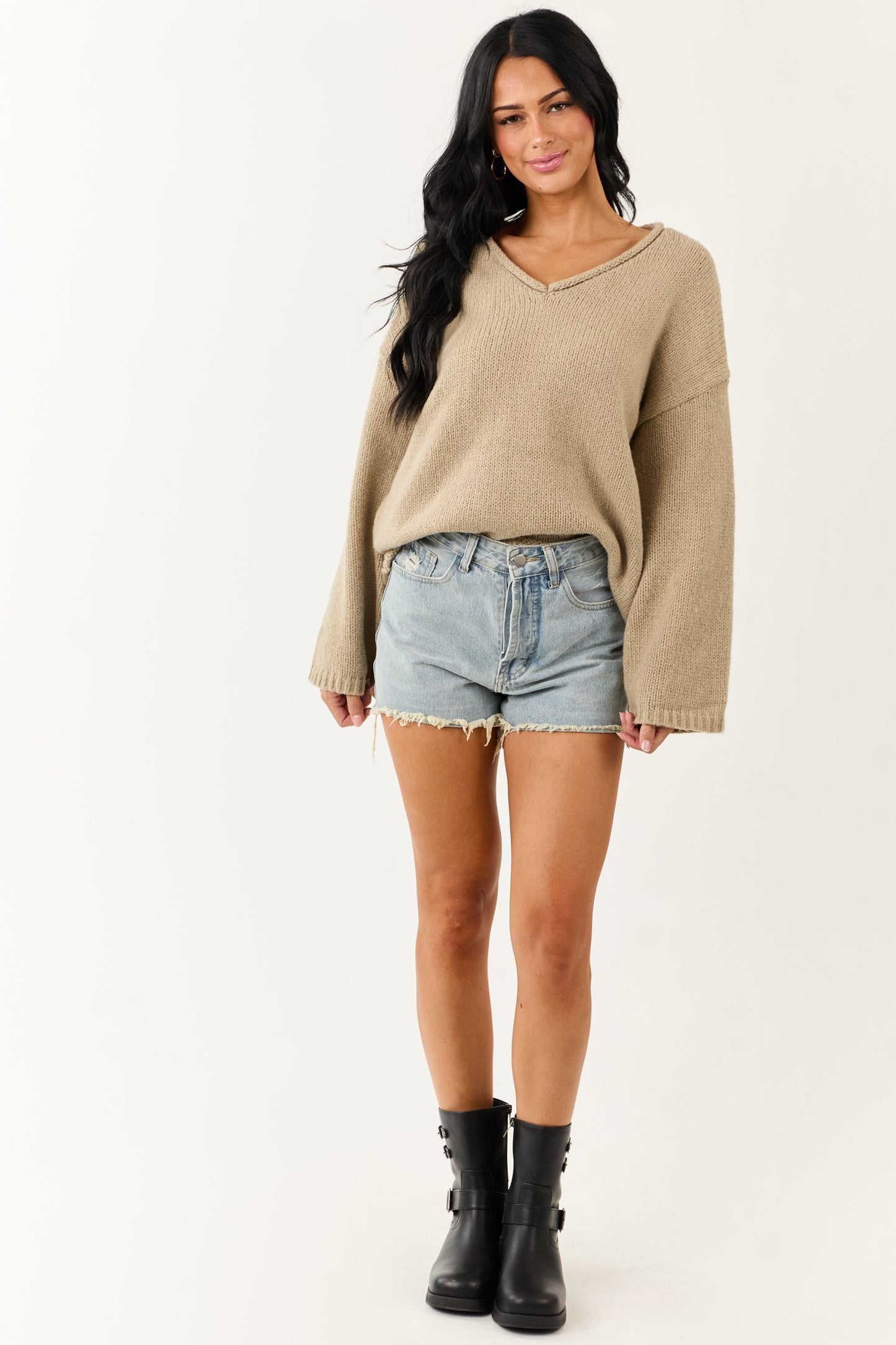 Lovelo Oatmeal V Neck Long Sleeve Chunky Knit Sweater