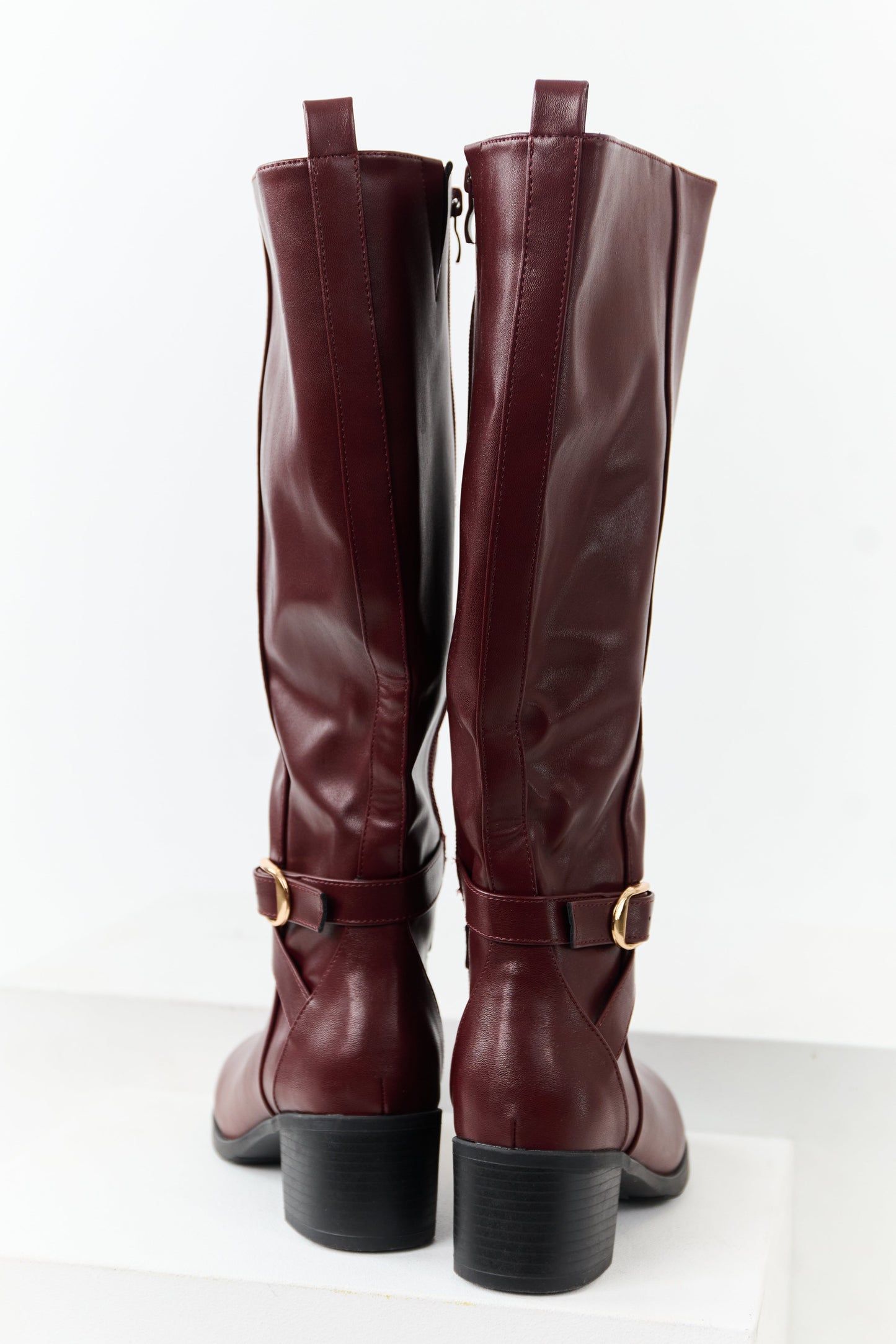 Mahogany Faux Leather Knee High Block Heel Boots