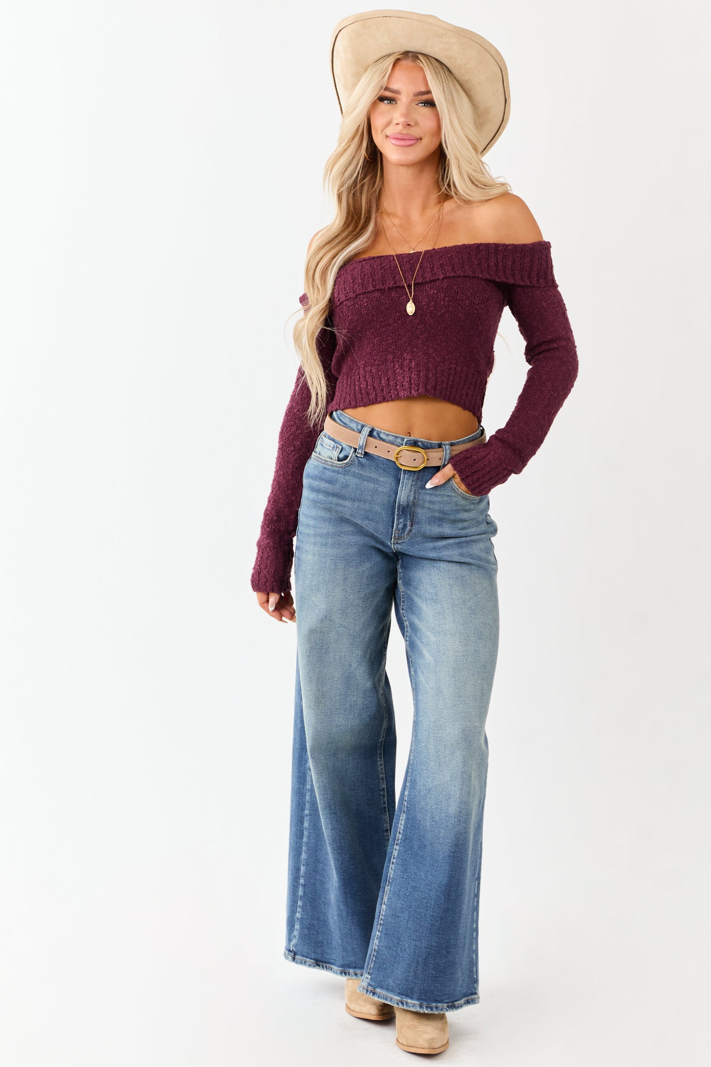 Maroon Off Shoulder Ribbed Trim Crop Sweater