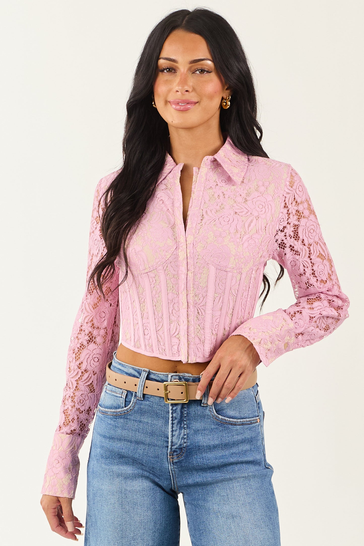 Mauve Floral Lace Button Down Corset Long Sleeve Top