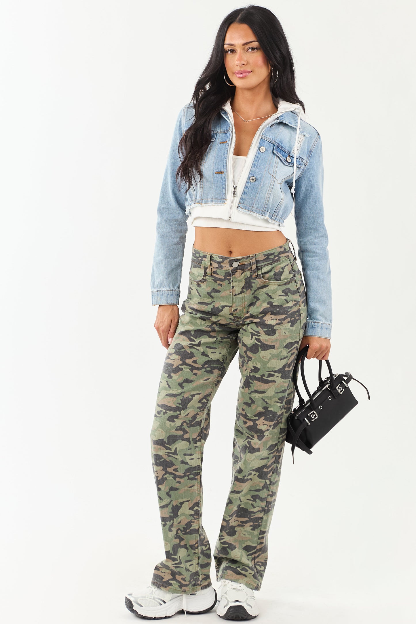 Medium Denim Crop Jacket with Inner Zip Up Hoodie