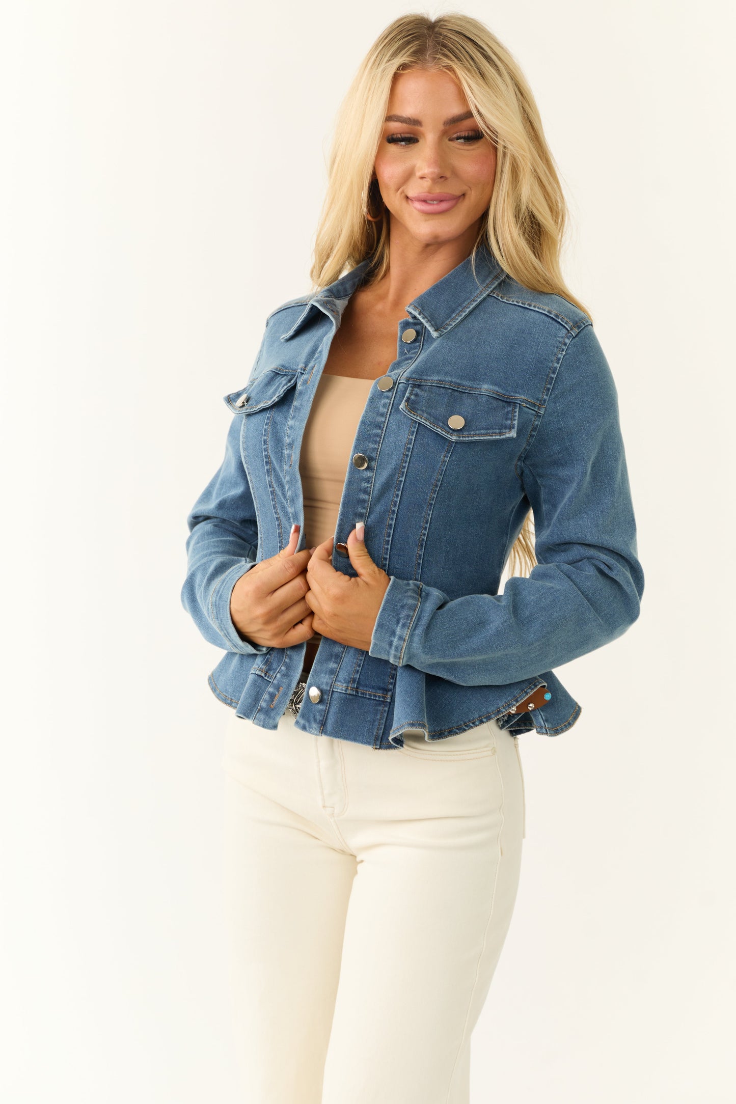 Medium Wash Denim Button Up Peplum Jacket