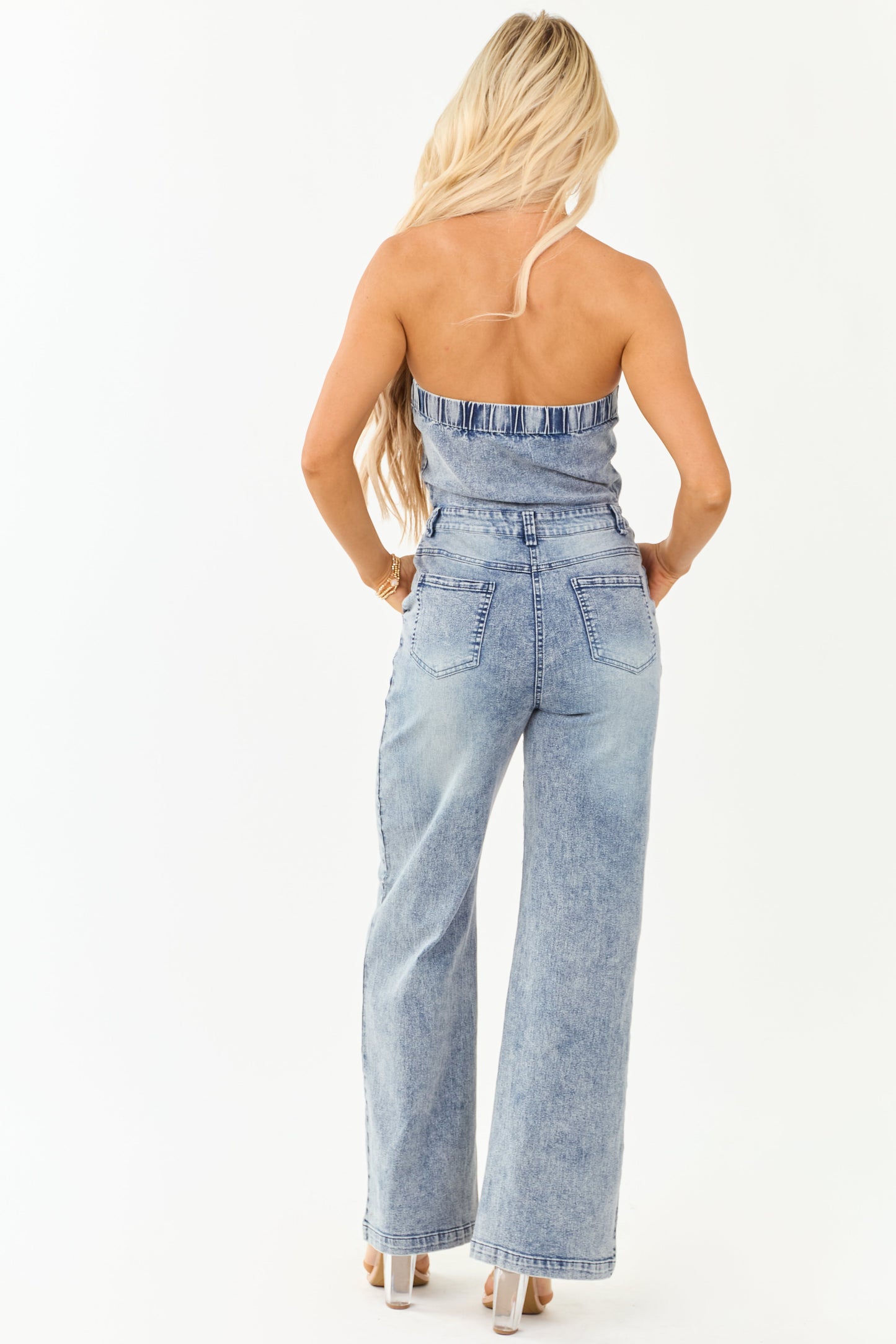 Medium Wash Denim Strapless Wide Leg Jumpsuit