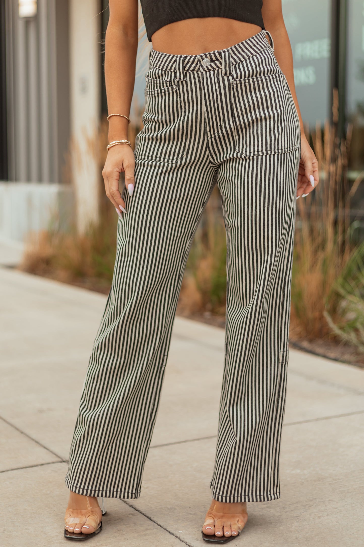 Mica Denim Black Striped Stretchy Straight Pants