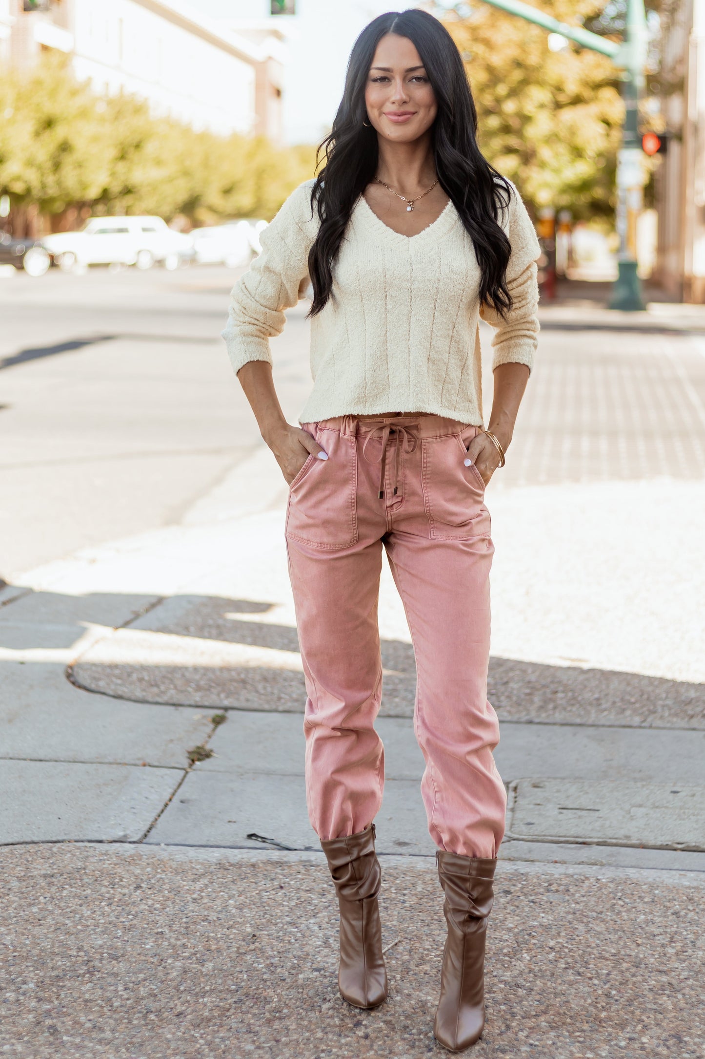 Mica Denim Dusty Rose Cropped Jogger Jeans
