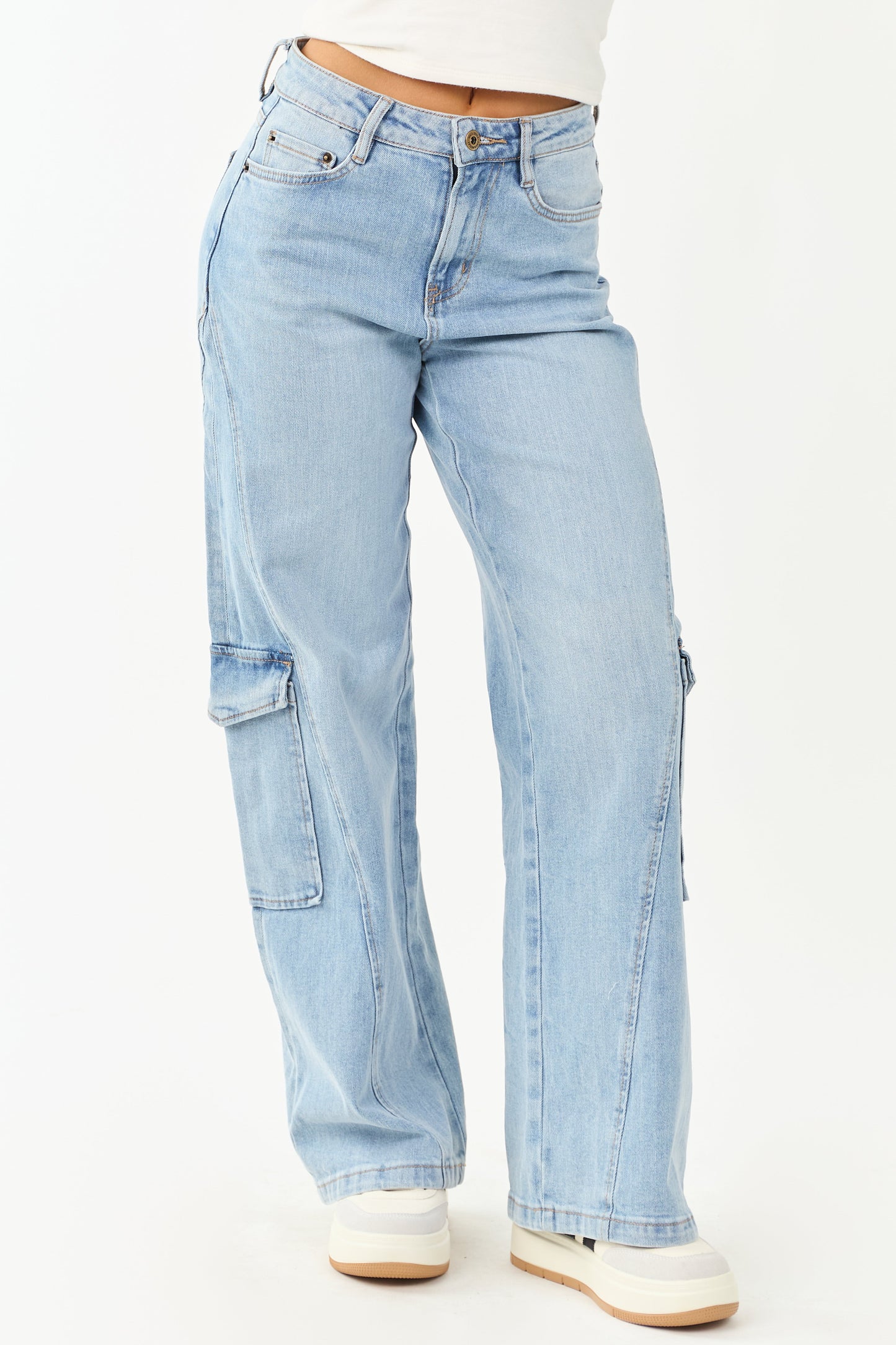 Mica Denim Light Wash Wide Leg Cargo Jeans