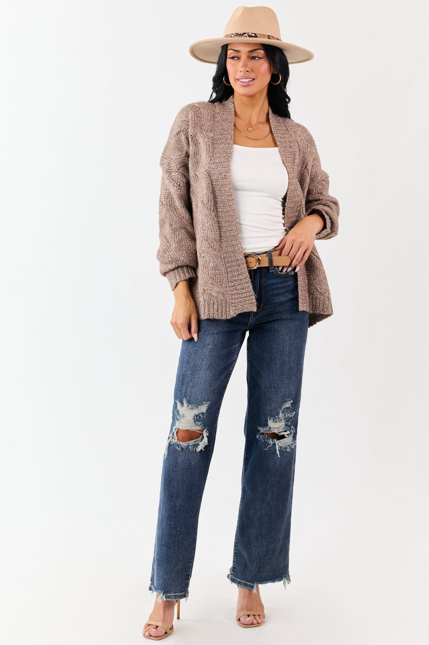 Mocha Cable Knit Open Front Wool Blend Cardigan