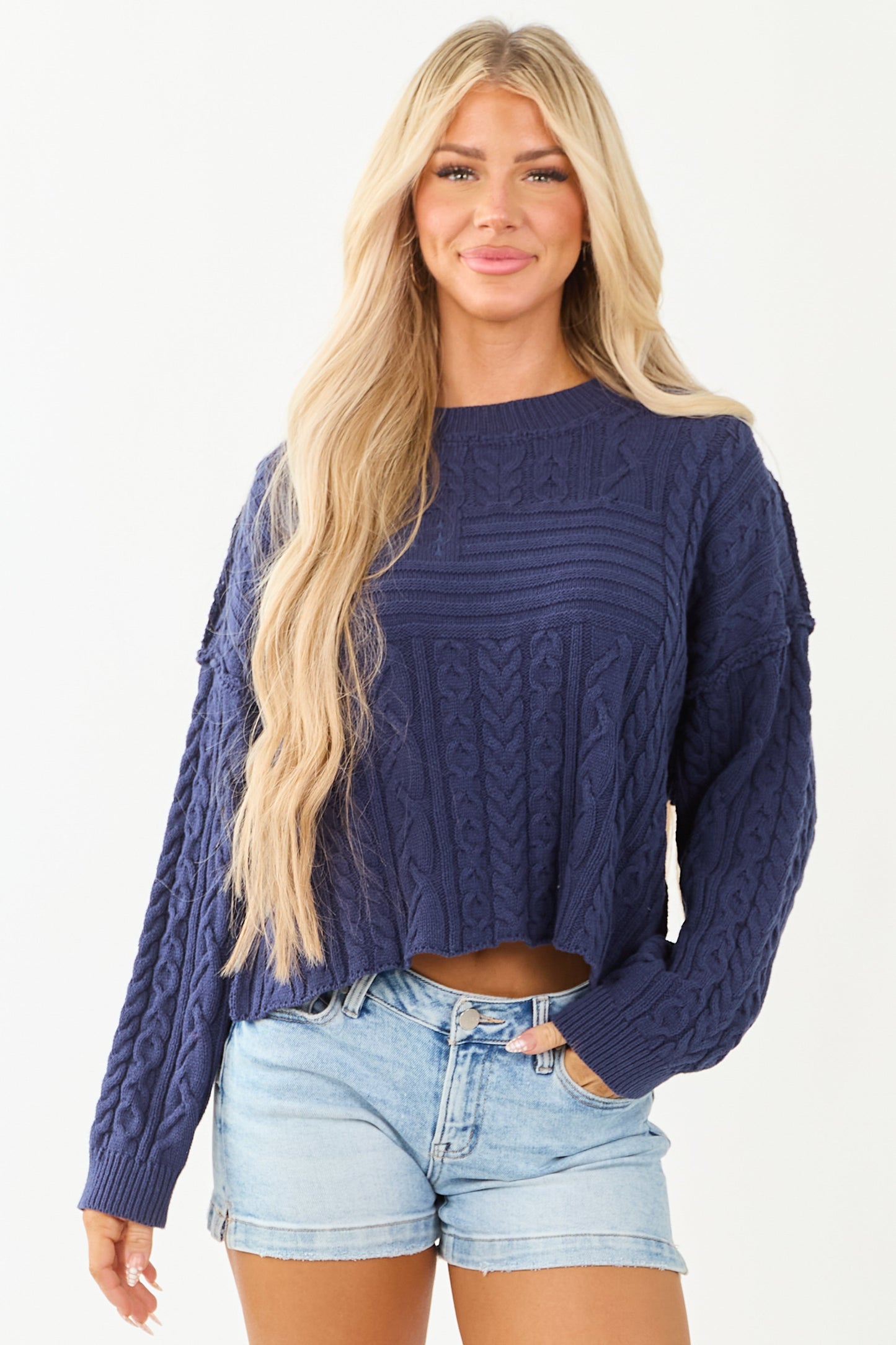 Navy Flag Detail Cable Knit Sweater