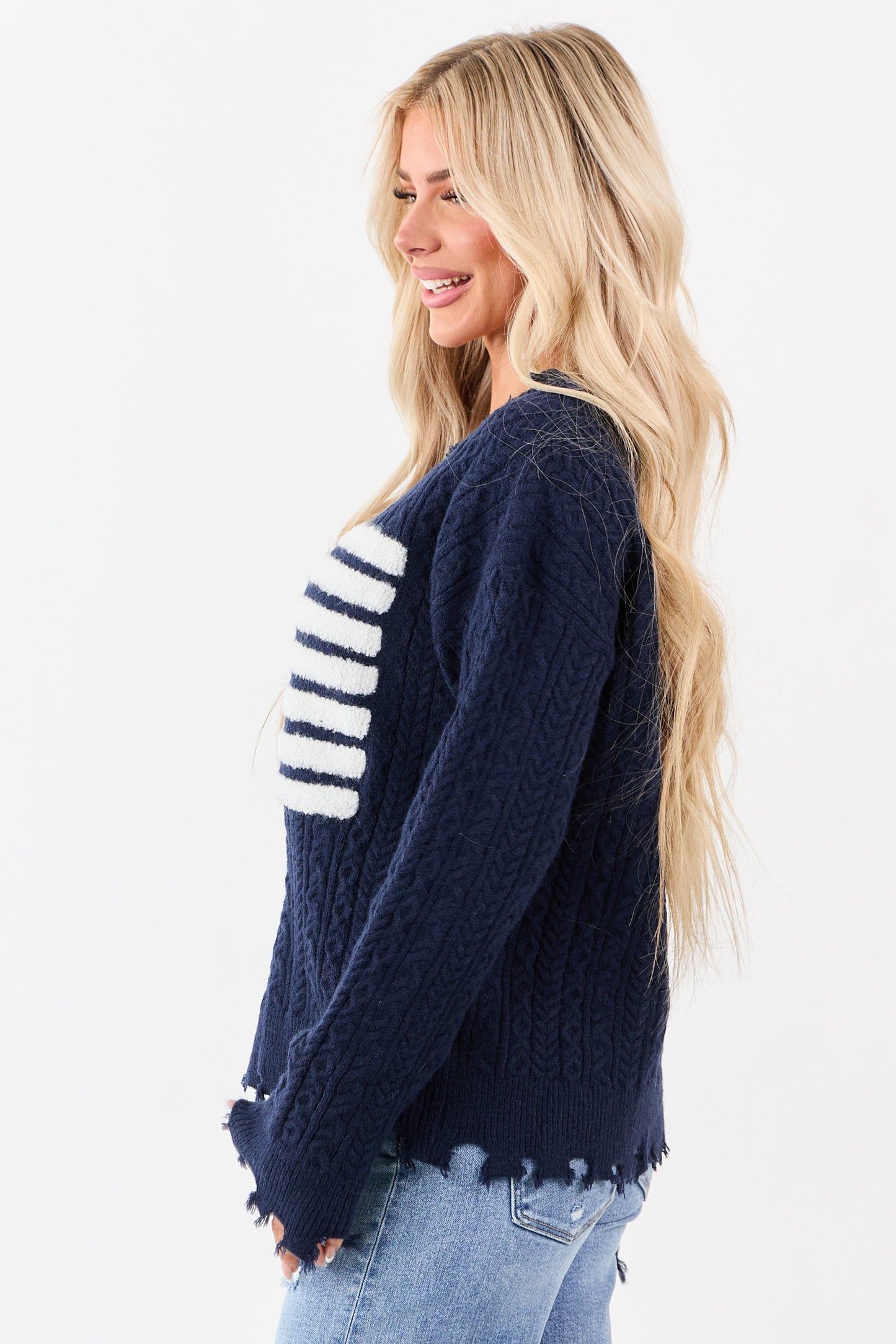 Navy American Flag Graphic Shredded Trim Sweater