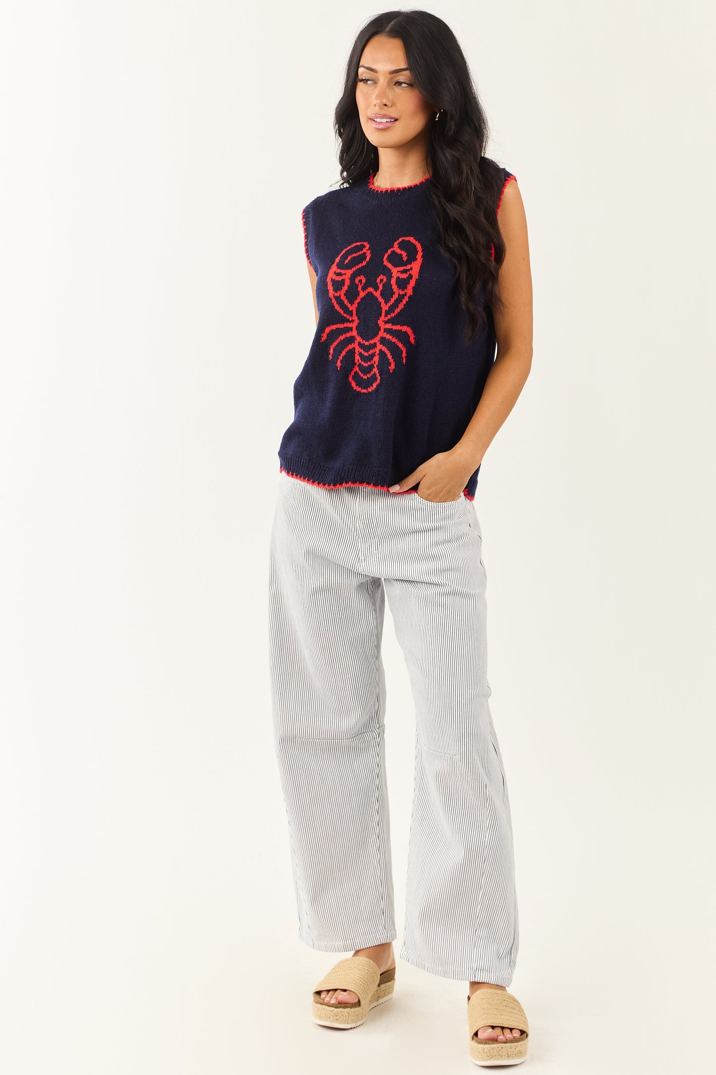 Navy Lobster Graphic Round Neck Knit Tank Top
