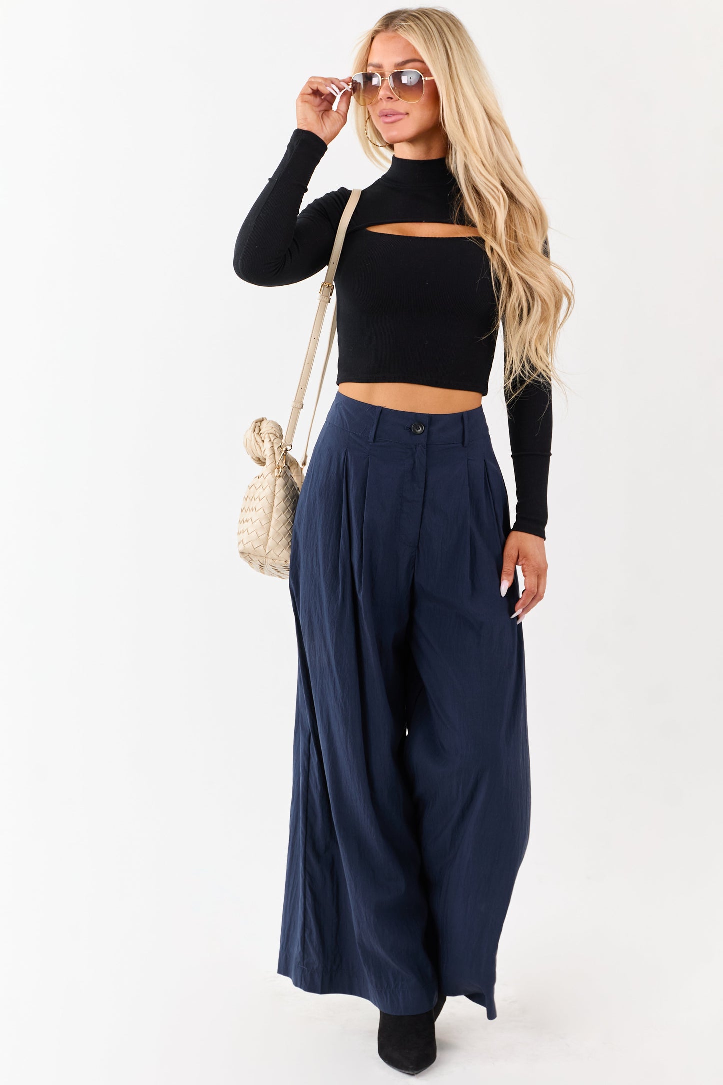 Navy Pleated High Waisted Wide Leg Palazzo Pants