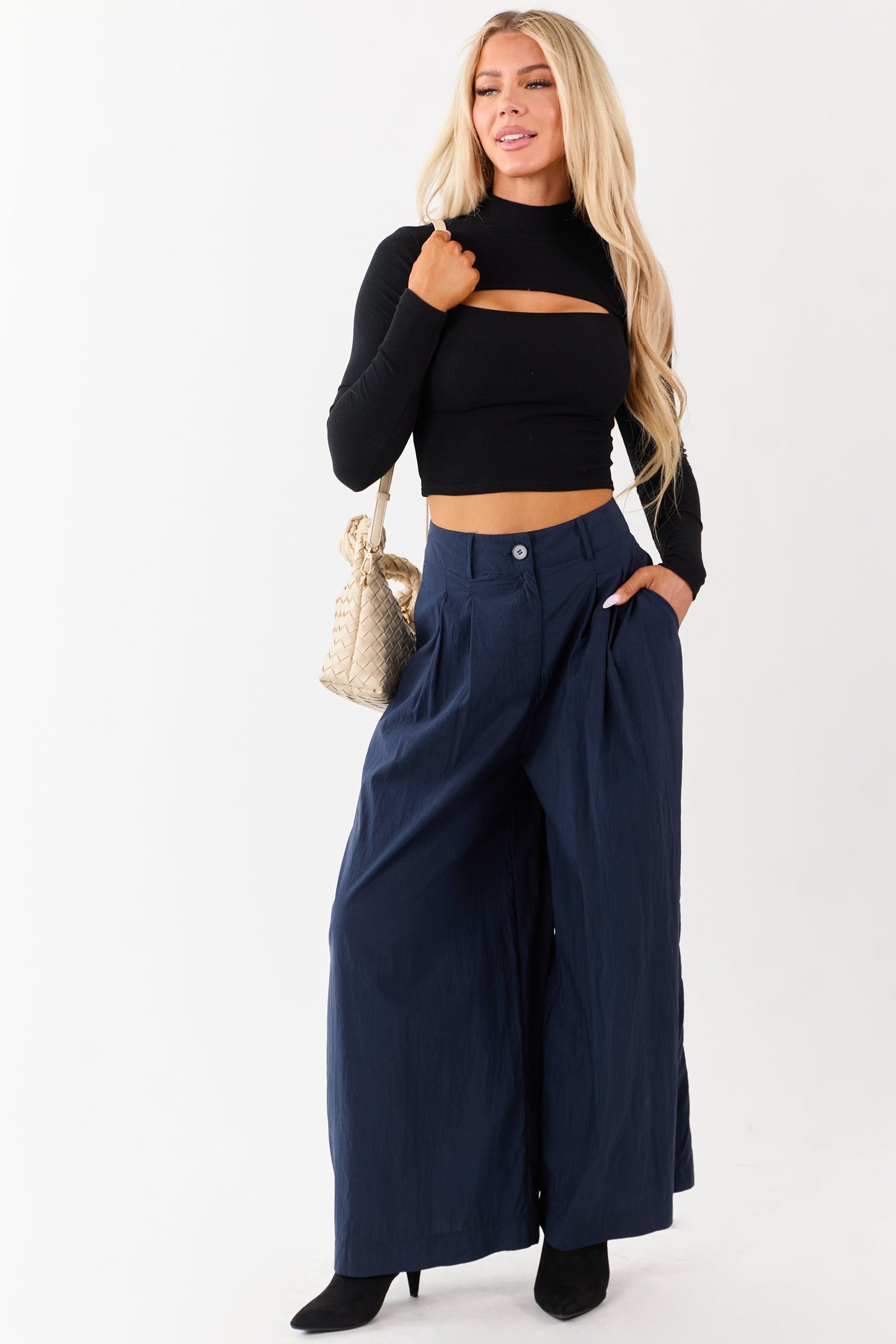 Navy Pleated High Waisted Wide Leg Palazzo Pants