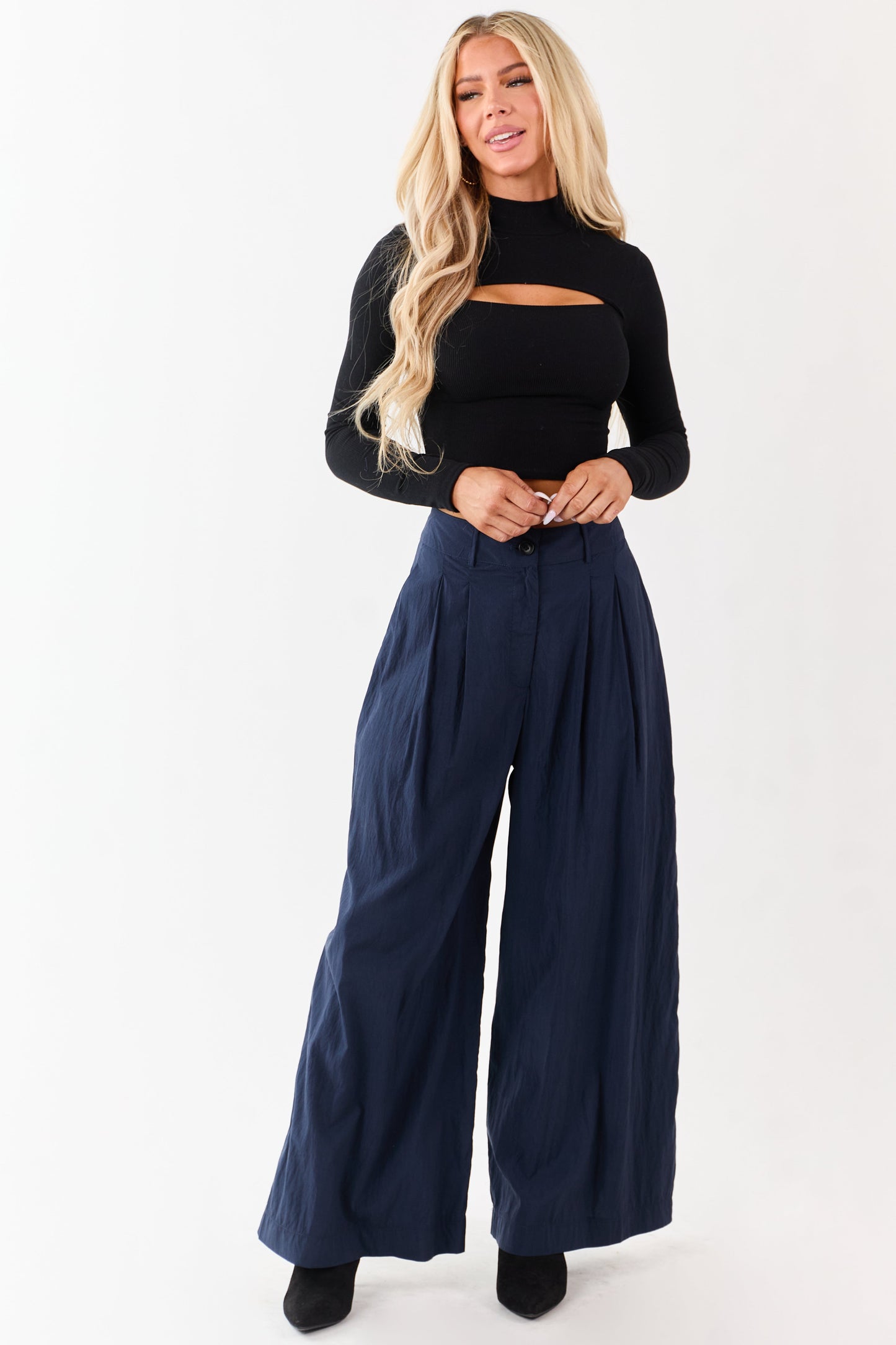 Navy Pleated High Waisted Wide Leg Palazzo Pants