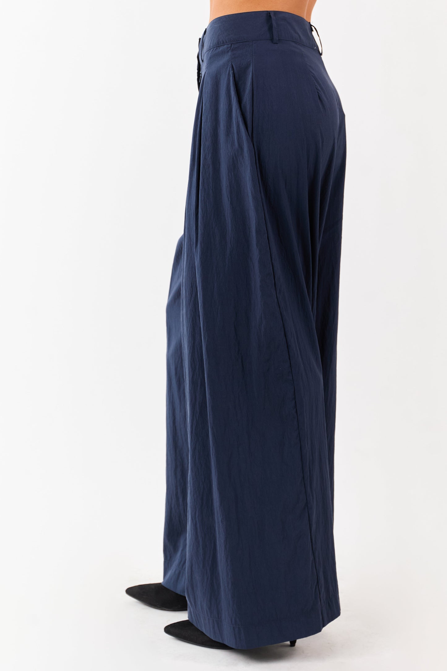 Navy Pleated High Waisted Wide Leg Palazzo Pants